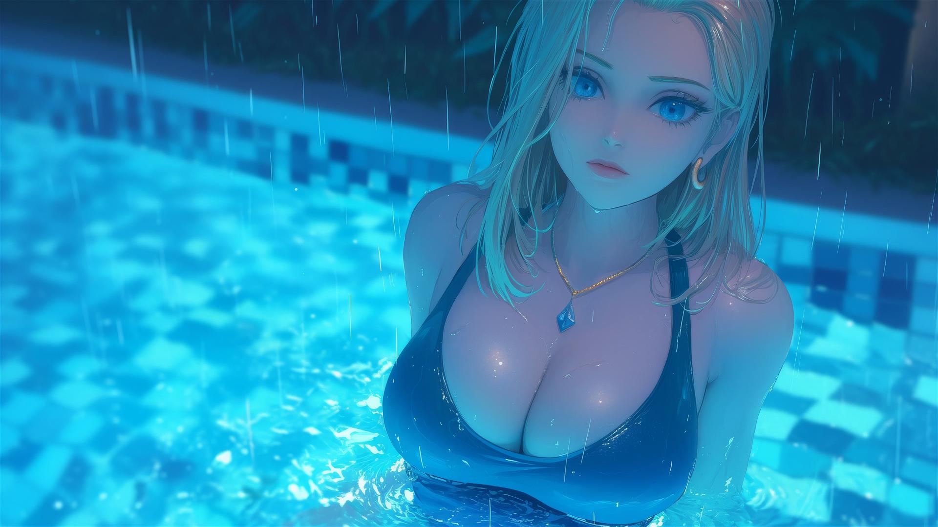Android 18 resting by a rainy swimming pool