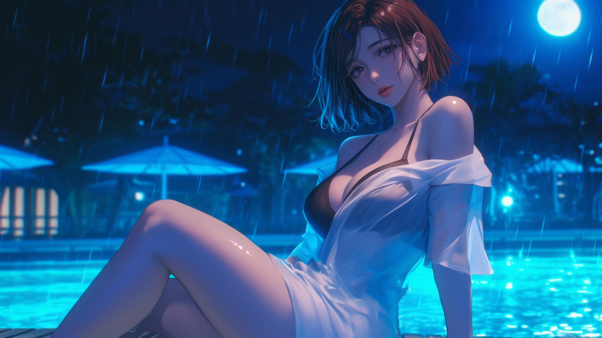 Nobara Kugisaki resting by a rainy pool with moonlight glow
