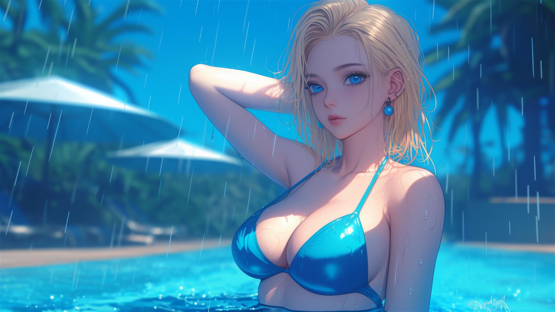 Dragon Ball's Android 18 resting by a rainy swimming pool
