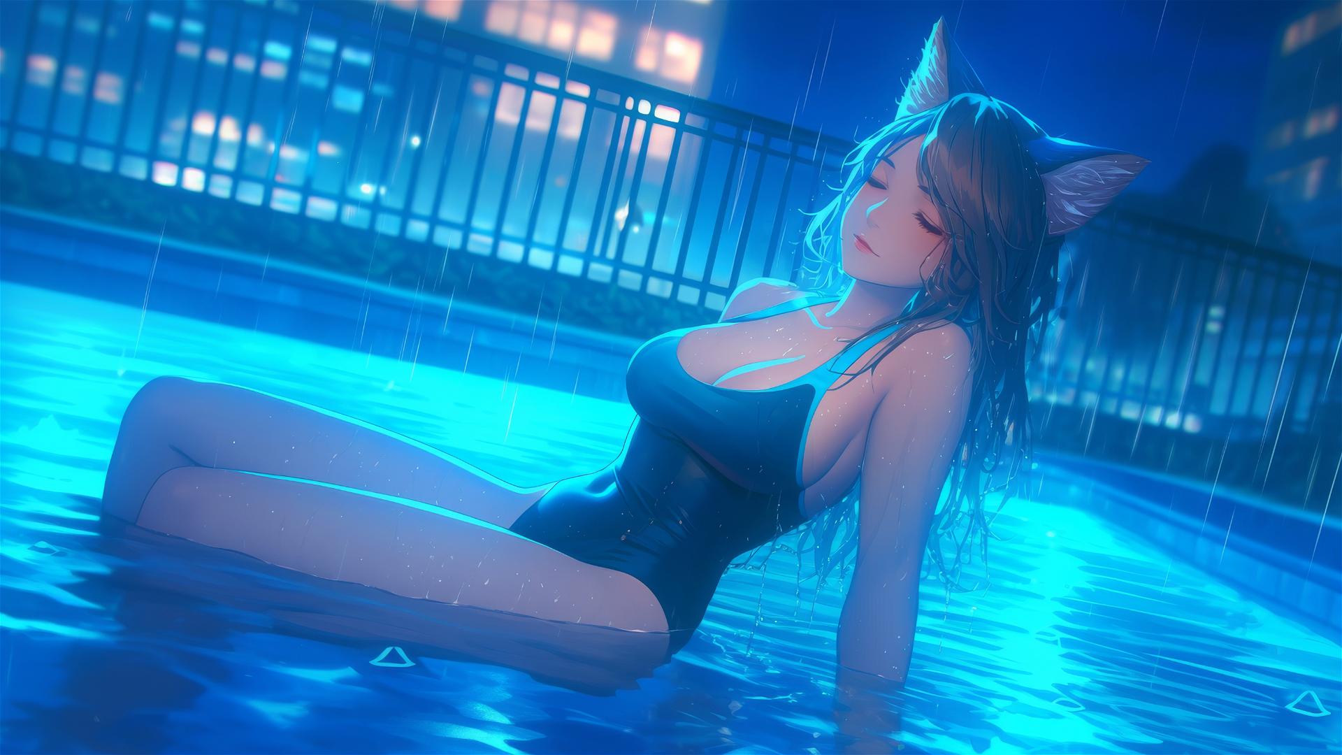 Kawaii cat girl resting by a moonlit rainy pool