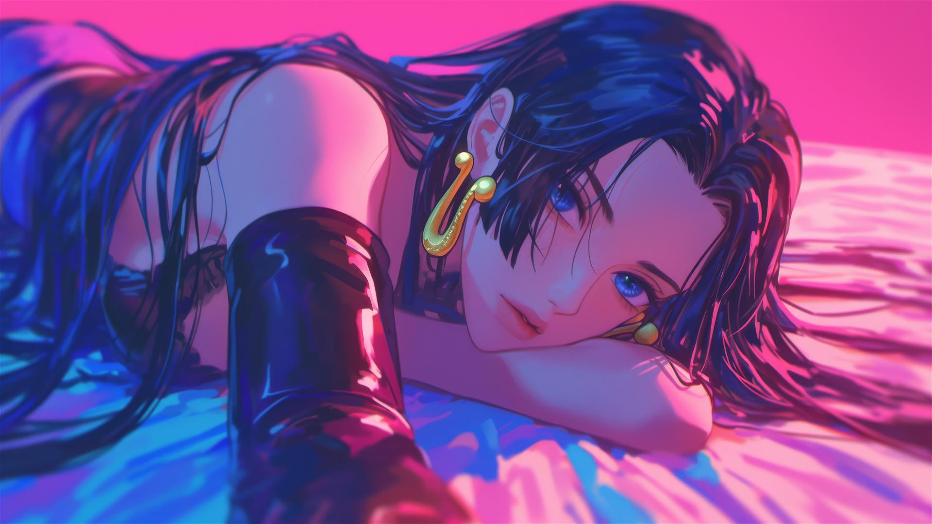 High angle of Boa Hancock from One Piece in bed, black and pink leather, neon colors.