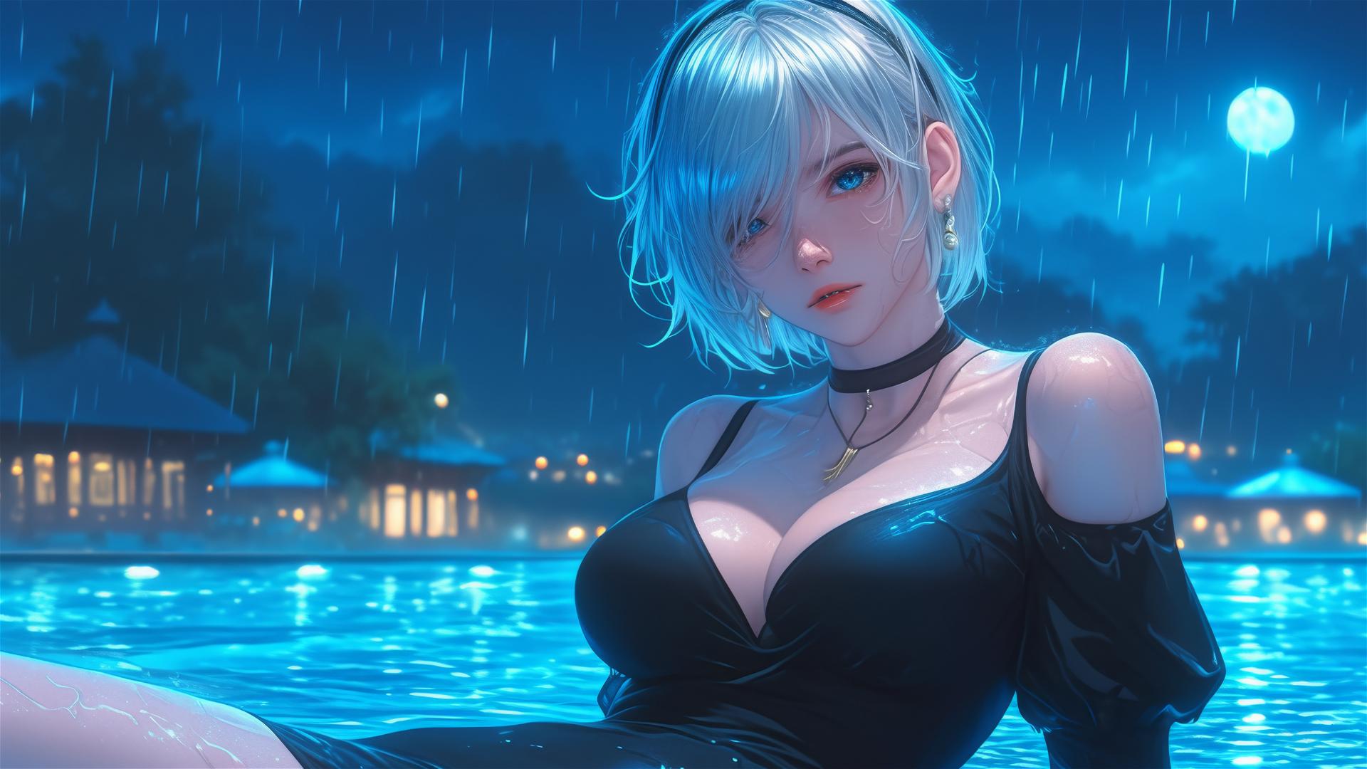 2B from Nier in casual clothes relaxing by a rainy pool with moonlight highlighting her