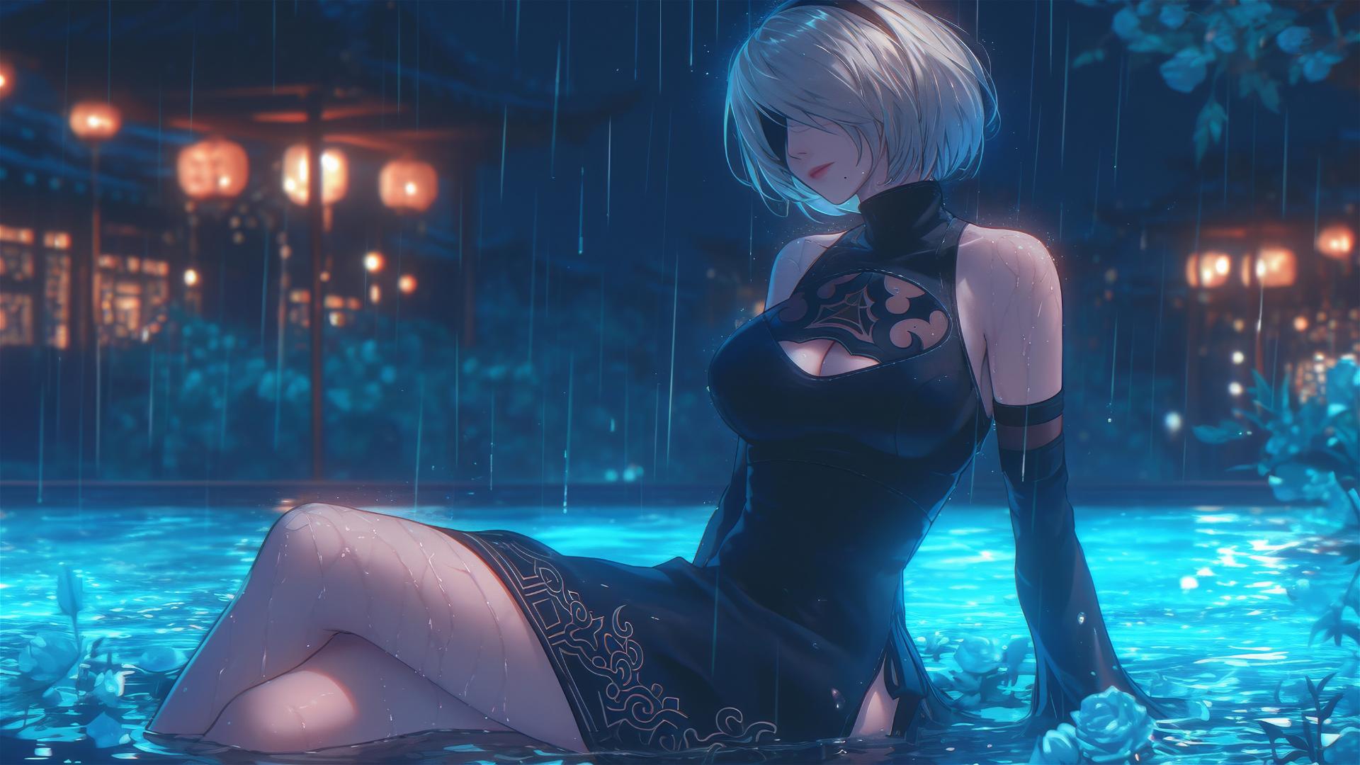 2B from Nier in casual attire at a rainy pool under moonlight