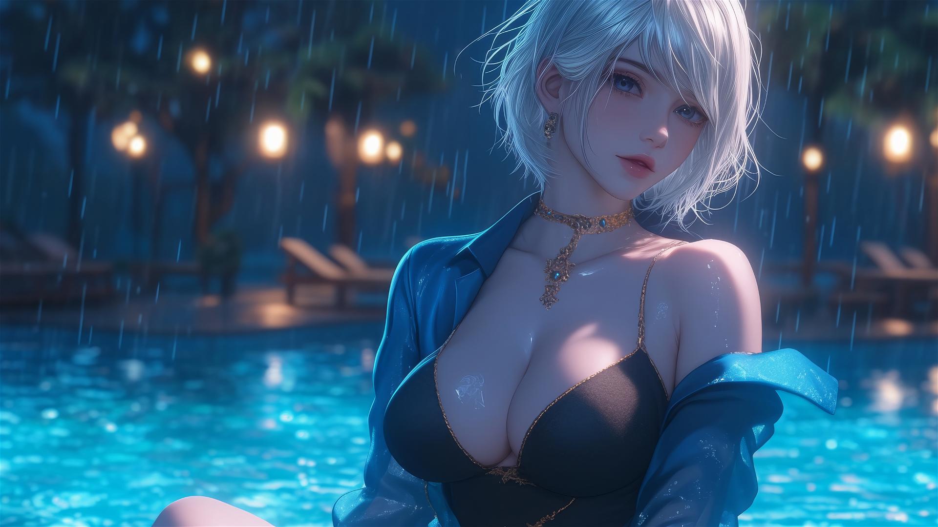 2B from Nier in casual attire, sitting by a rainy pool with moonlight glow.