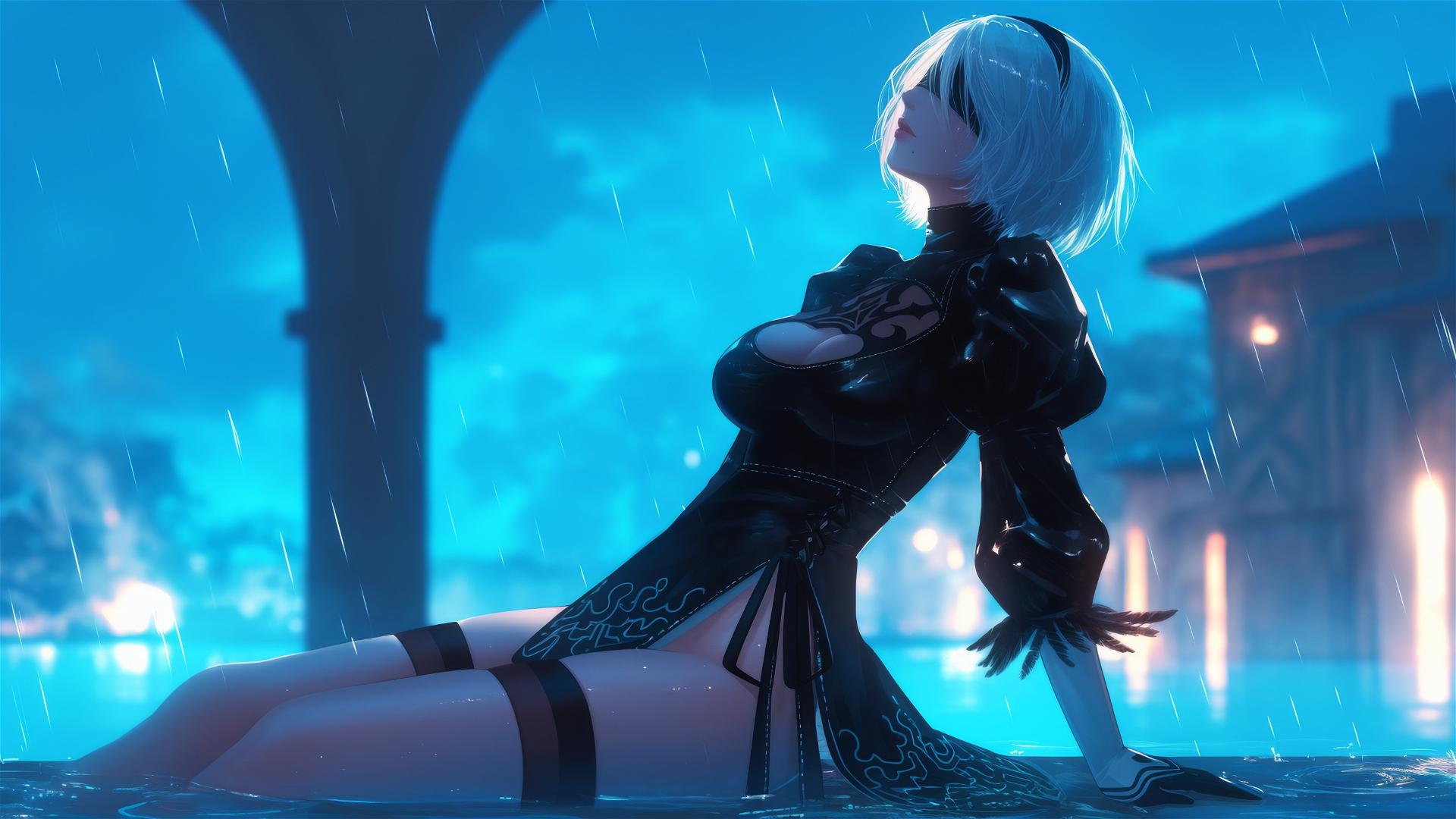 2B from Nier resting by a rainy pool under moonlight, with short hair