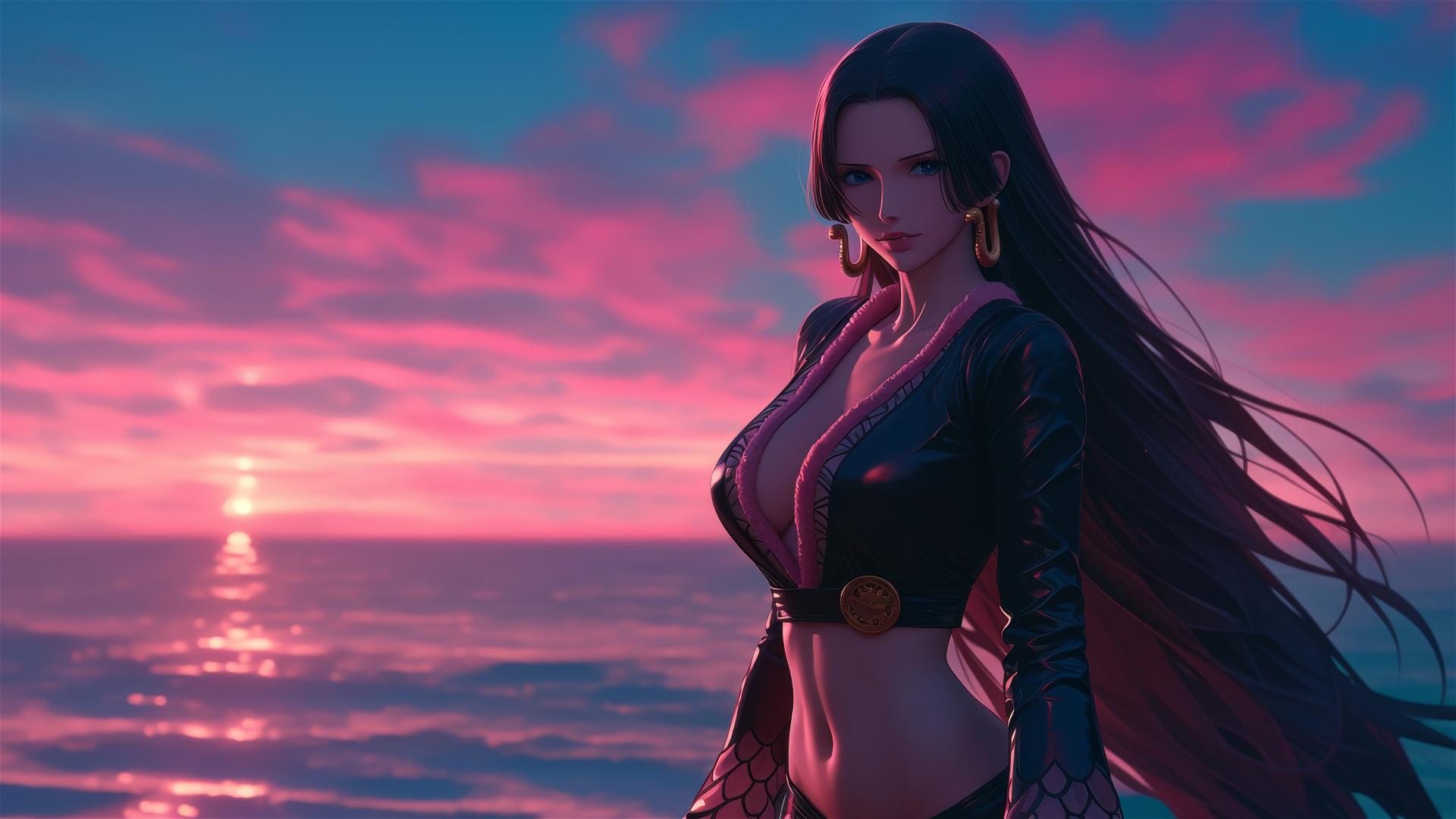 Boa Hancock from One Piece walks on a beach at sunset in a black and pink leather outfit.