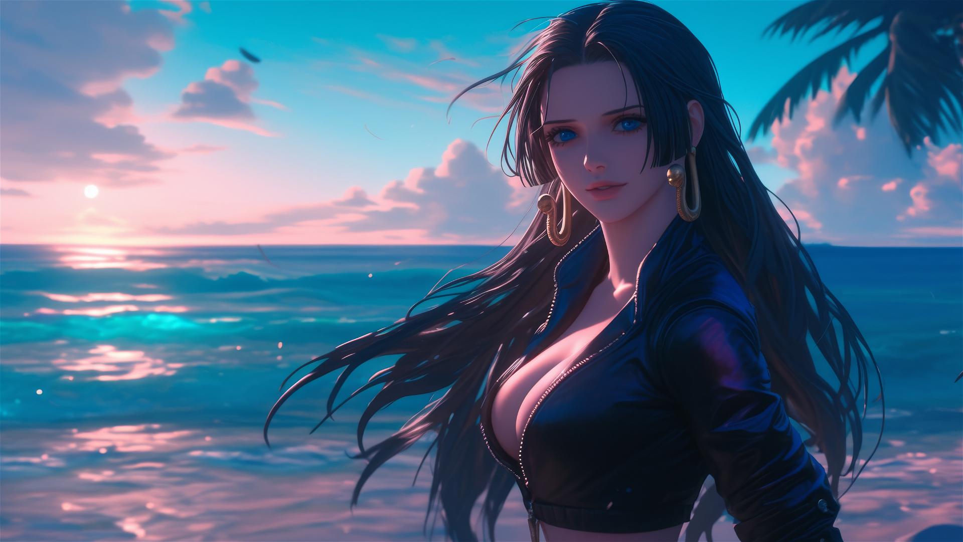 Boa Hancock from One Piece walking on a beach at sunset in a stylish black and pink leather outfit with a neon pink sky.