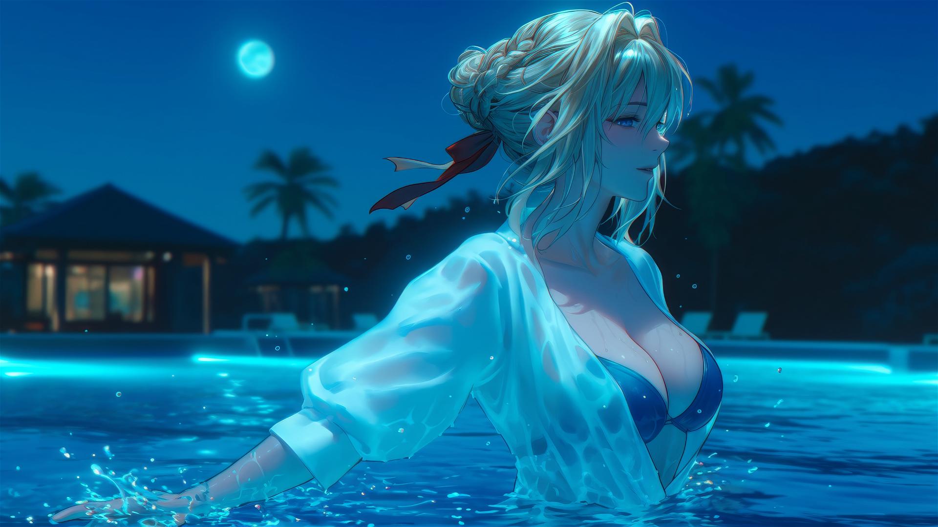 Violet Evergarden jumping out of a swimming pool under moonlight