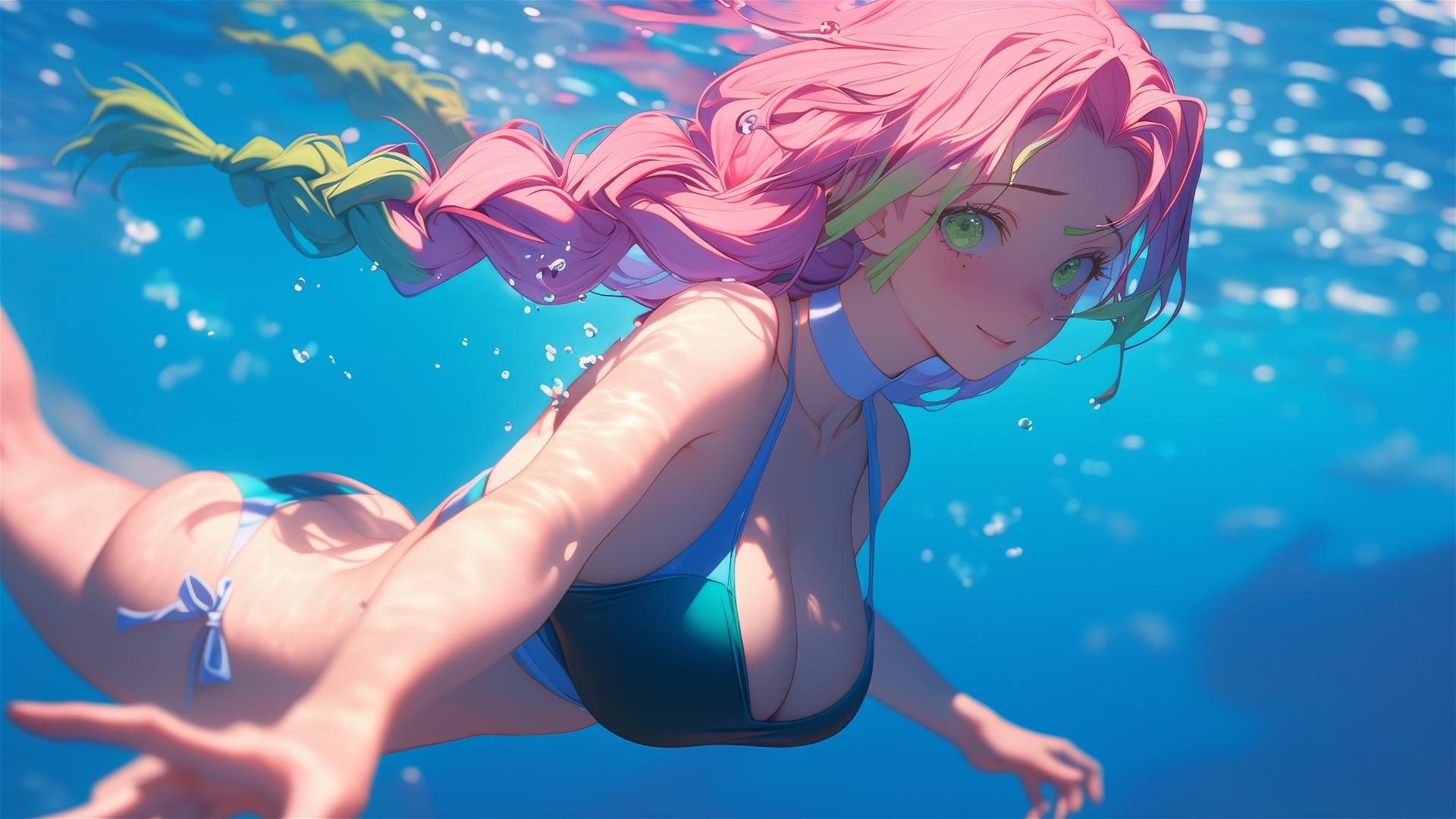 Mitsuri Kanroji jumping out of a swimming pool with moonlight highlighting her pink-to-lime green hair.