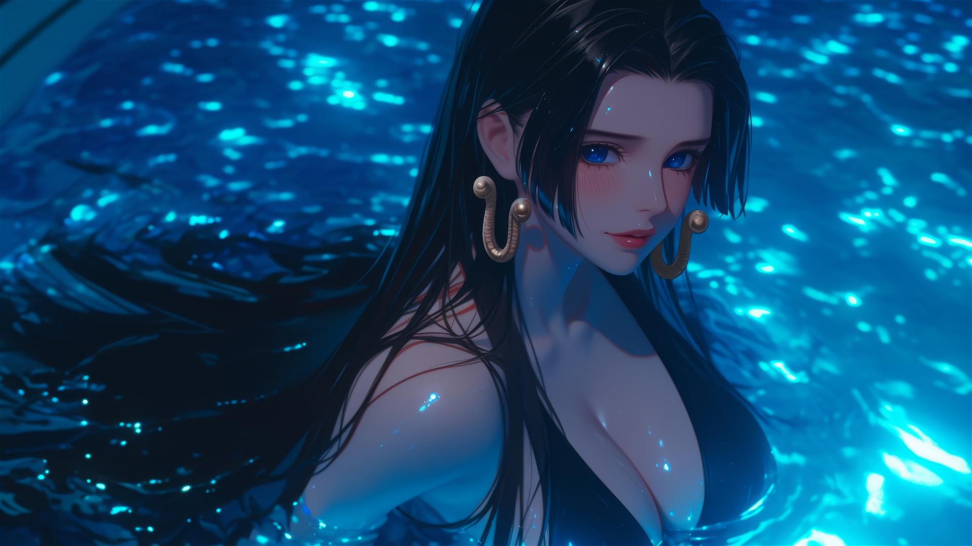 Boa Hancock from One Piece jumping out of a swimming pool under moonlight