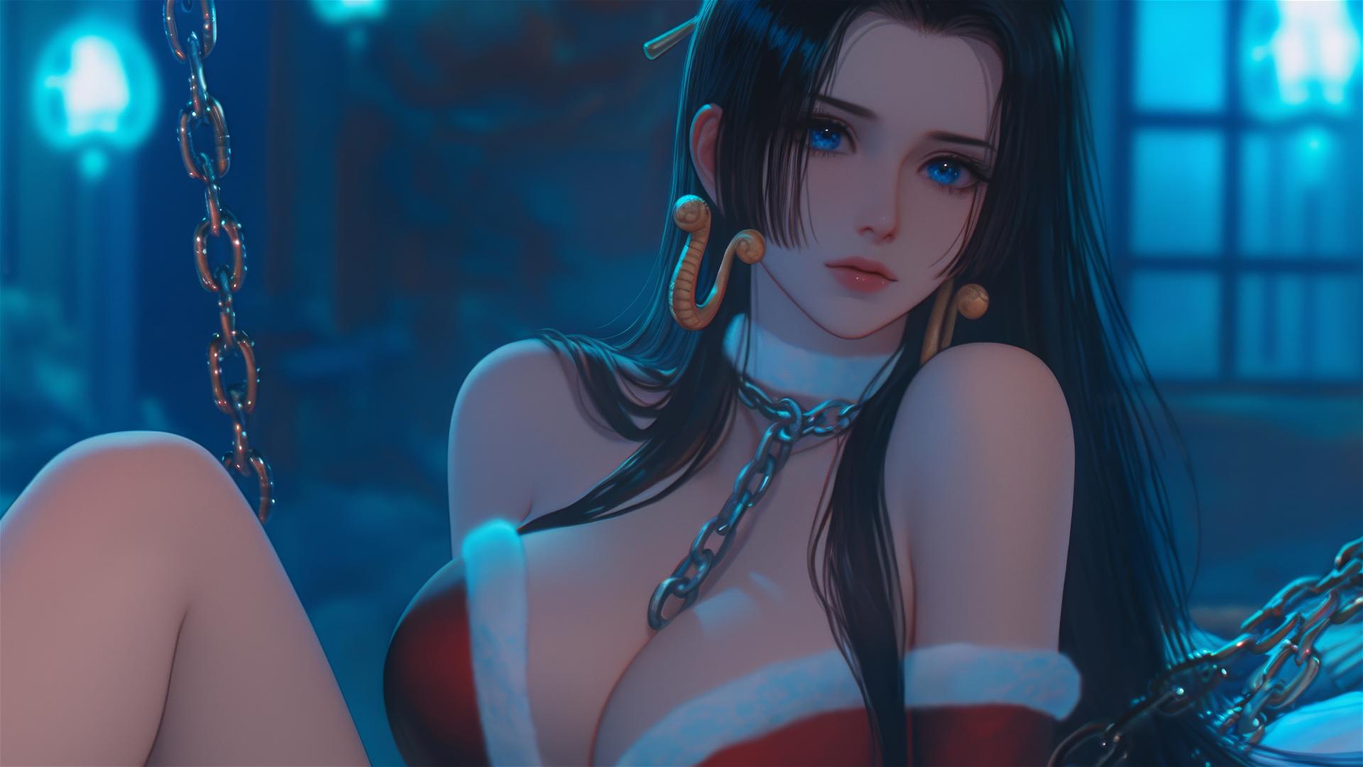 Boa Hancock in Christmas costume chained in a neon-lit modern room