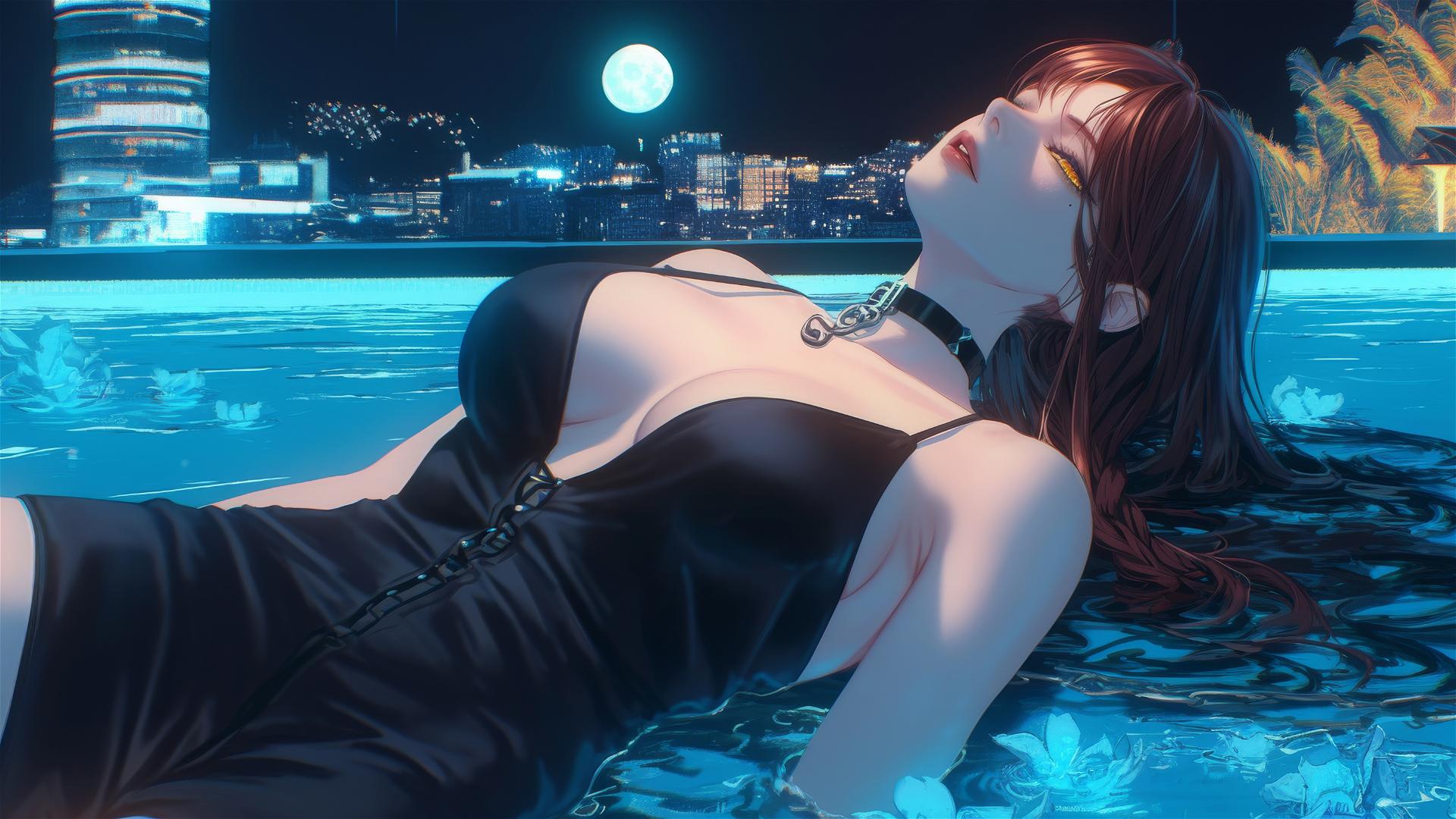 Makima from Chainsaw Man, neck locked with thick iron chains, lounging in a modern hotel room with moonlight highlighting her figure.