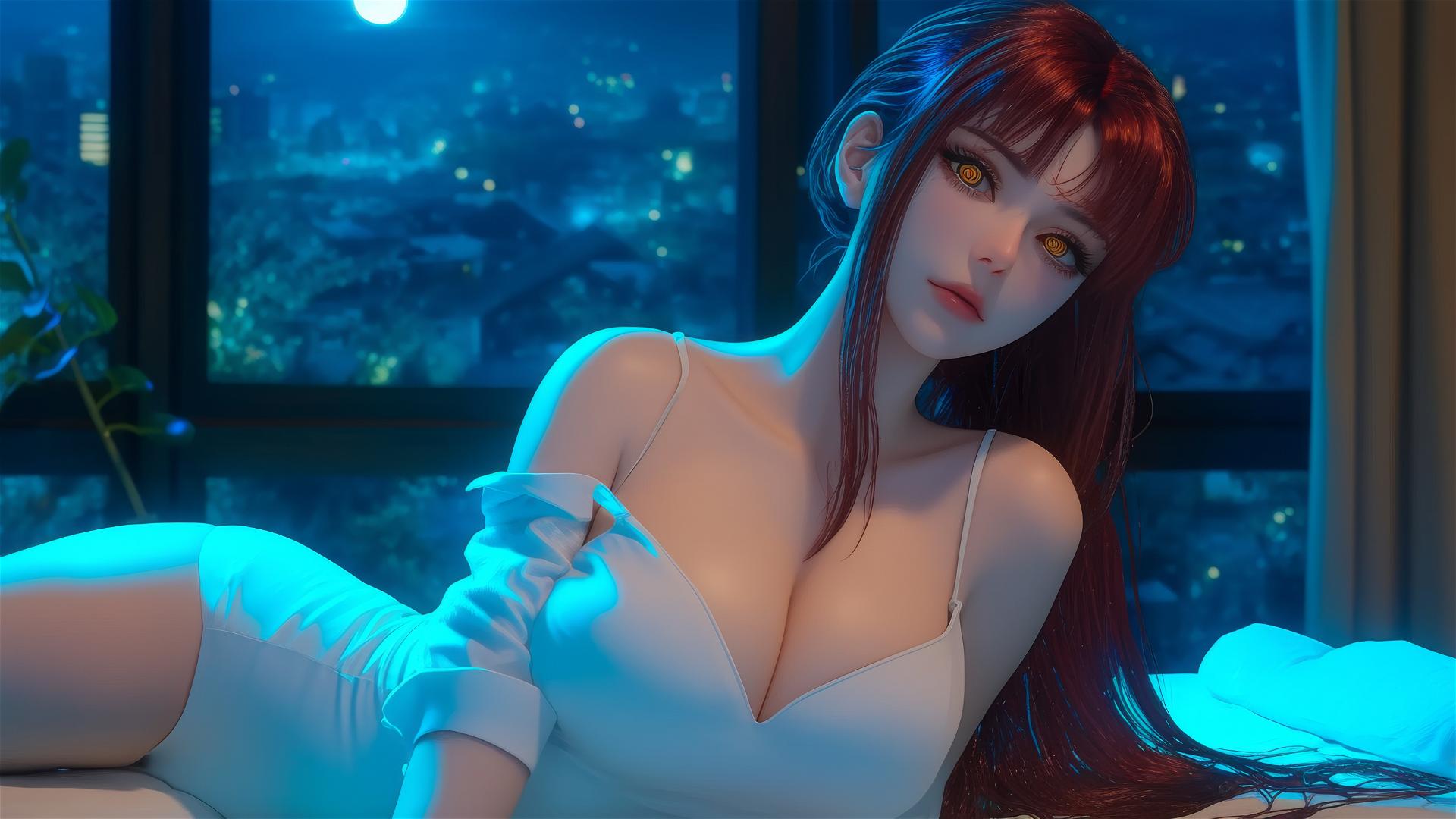 Makima from Chainsaw Man in her room with moonlight casting a soft glow