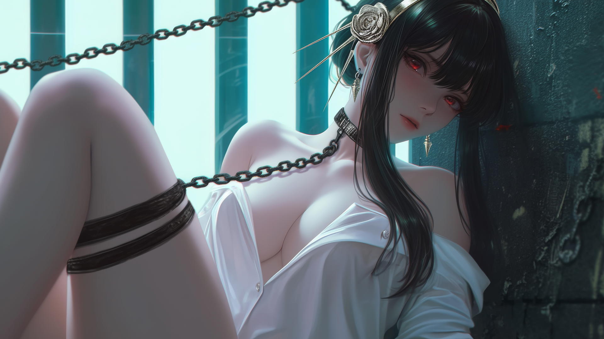 Yor Forger from Spy x Family chained in a tub with neon light