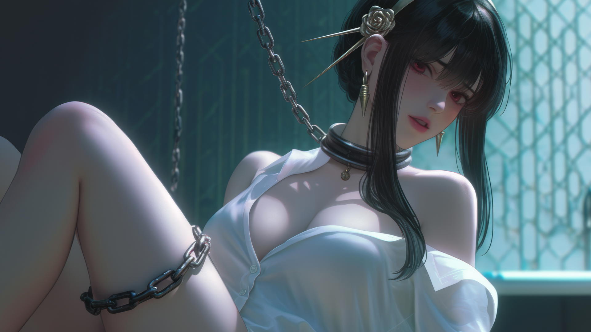 Yor Forger from Spy x Family in chains, neon-lit, thigh focus