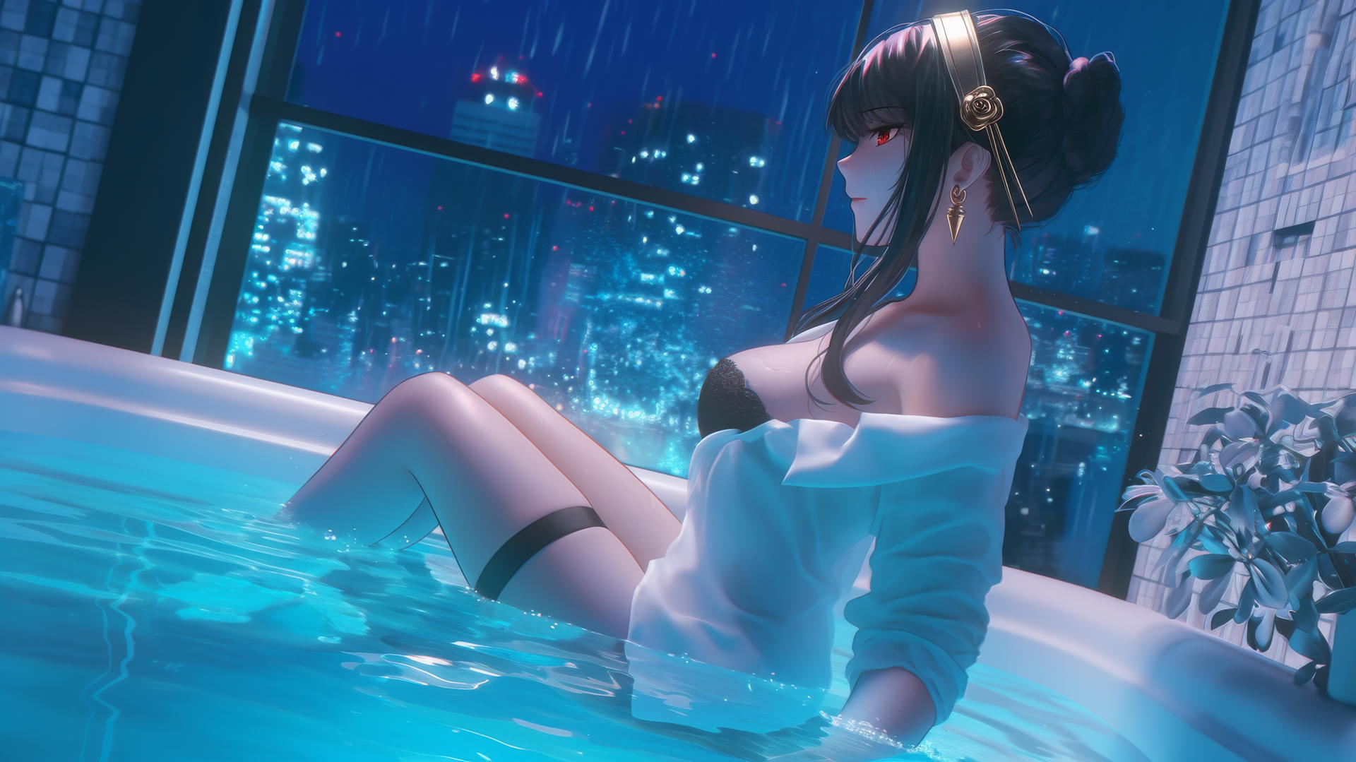 Yor Forger jumping from tub with neon glow