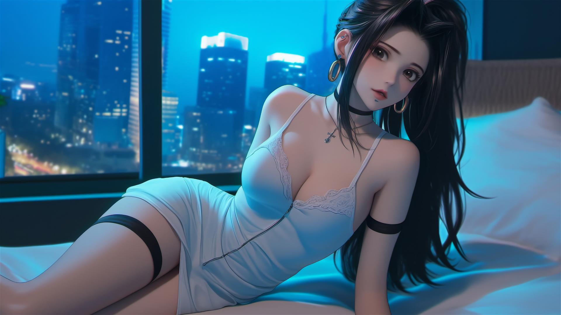 Momo Yaoyorozu in modern hotel room with neon light