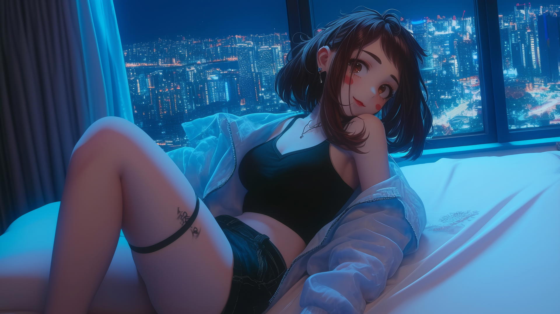 Ochaco Uraraka in a modern hotel room with neon light, auburn hair and eyes, pink blush.