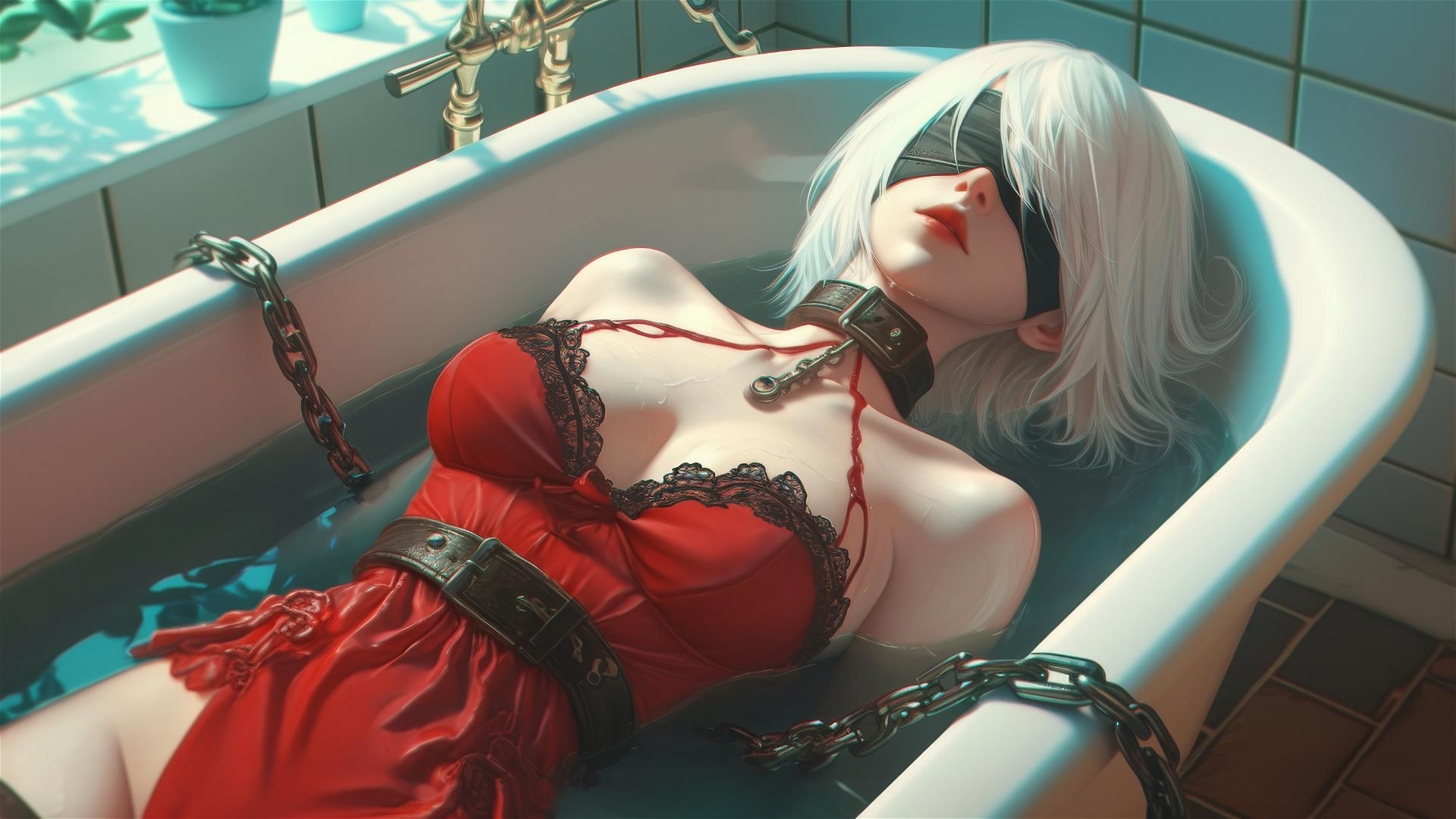 2B from Nier in a modern apartment, neck locked with iron chains, wearing a red blindfold and red attire, bathed in warm light.