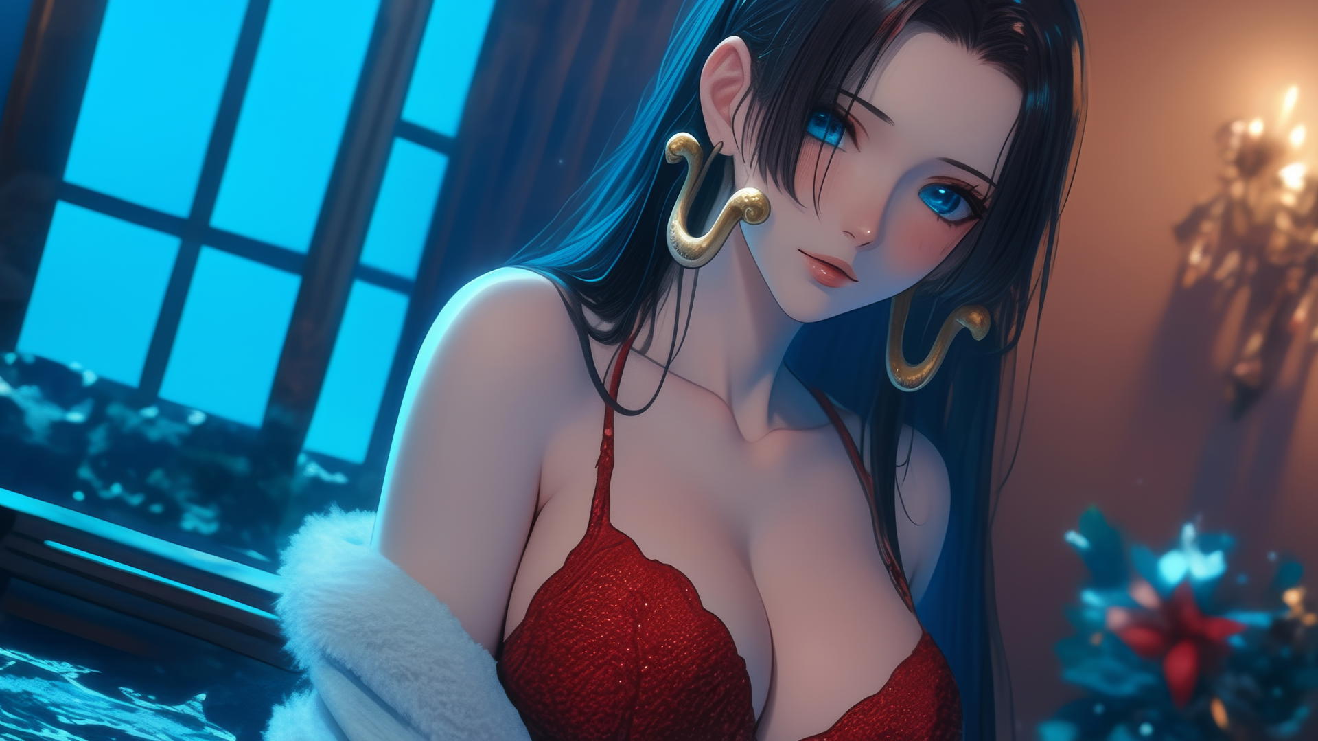 Boa Hancock in Christmas red outfit at modern Christmas-themed hotel room with neon lights