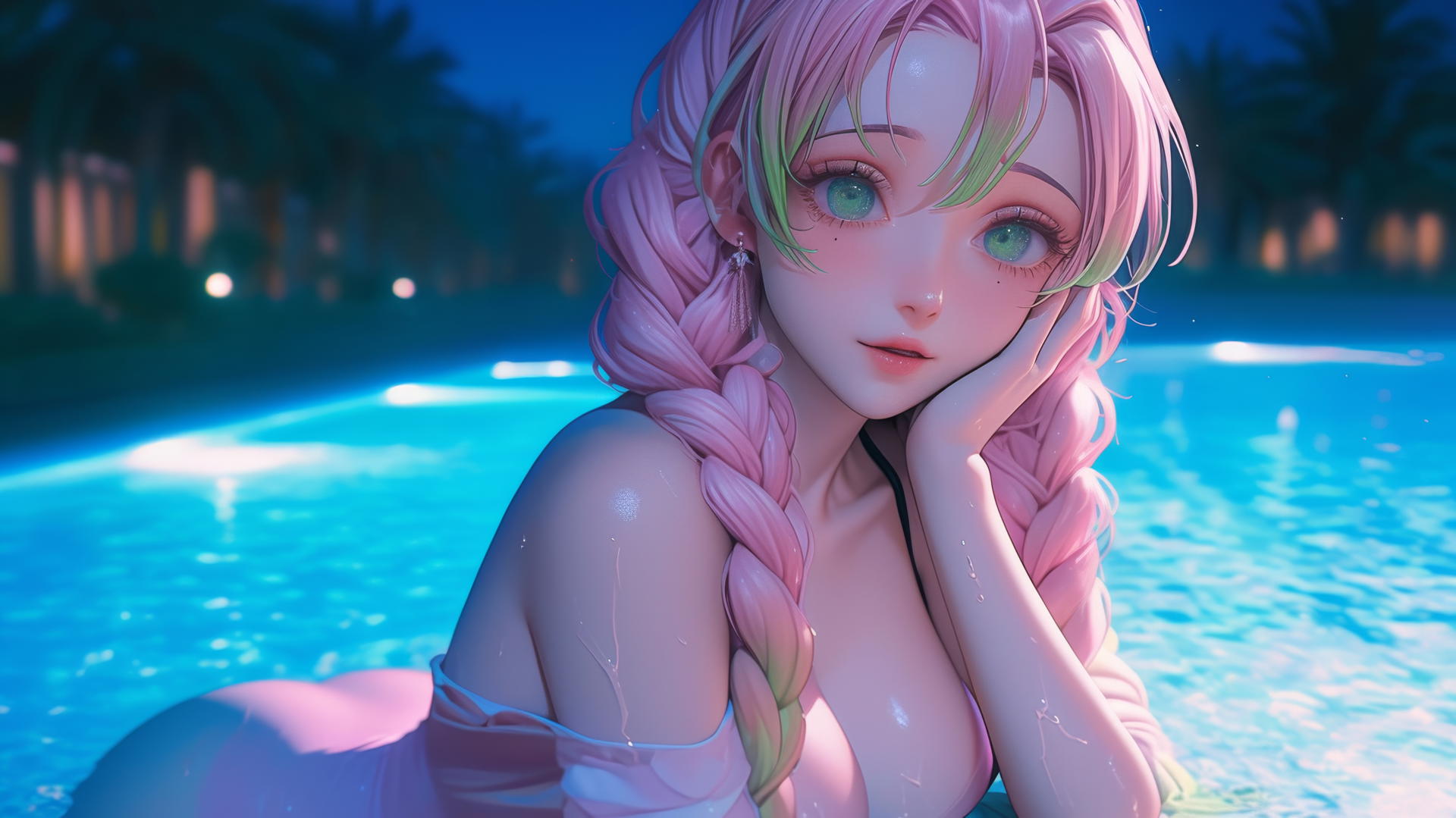 Mitsuri Kanroji resting by a rainy swimming pool under moonlight, wearing pink dress, with pink to lime green hair.