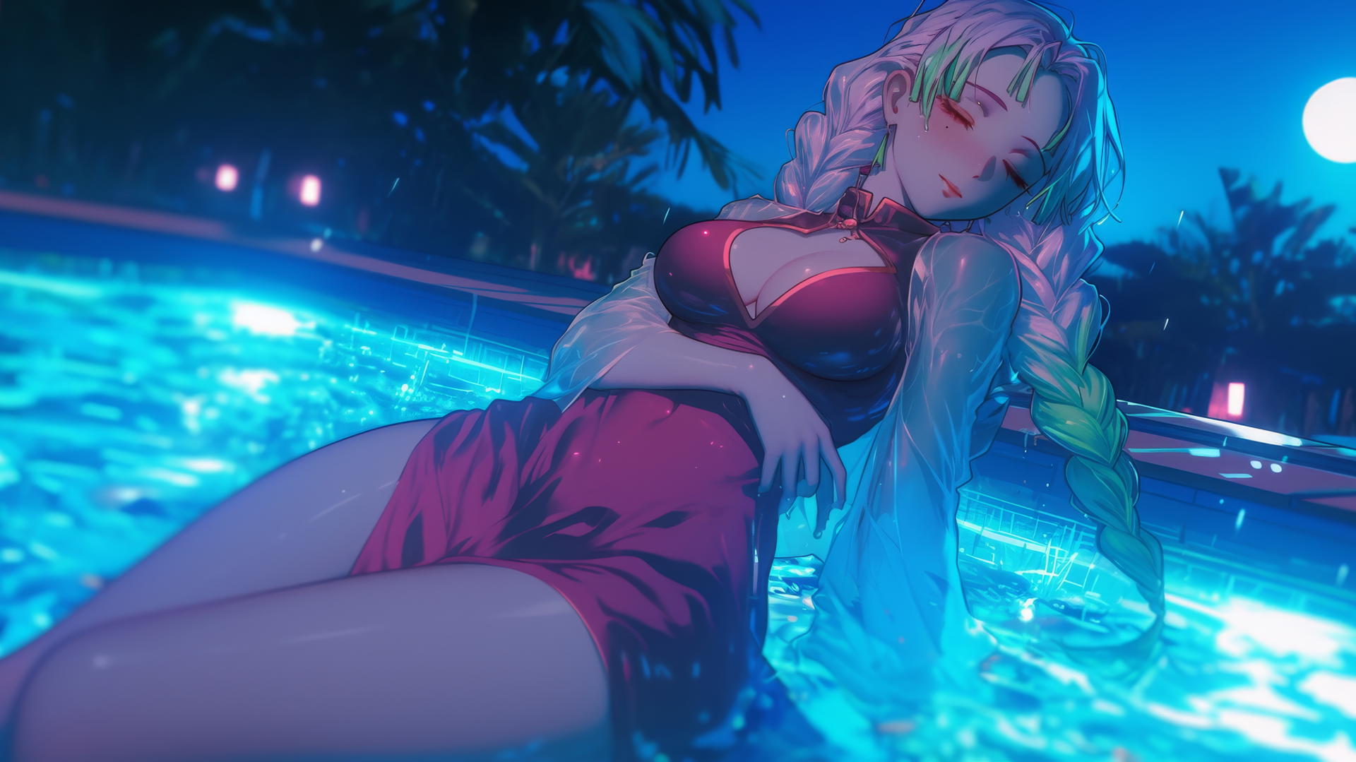 Mitsuri Kanroji from Demon Slayer resting by rainy swimming pool under moonlight