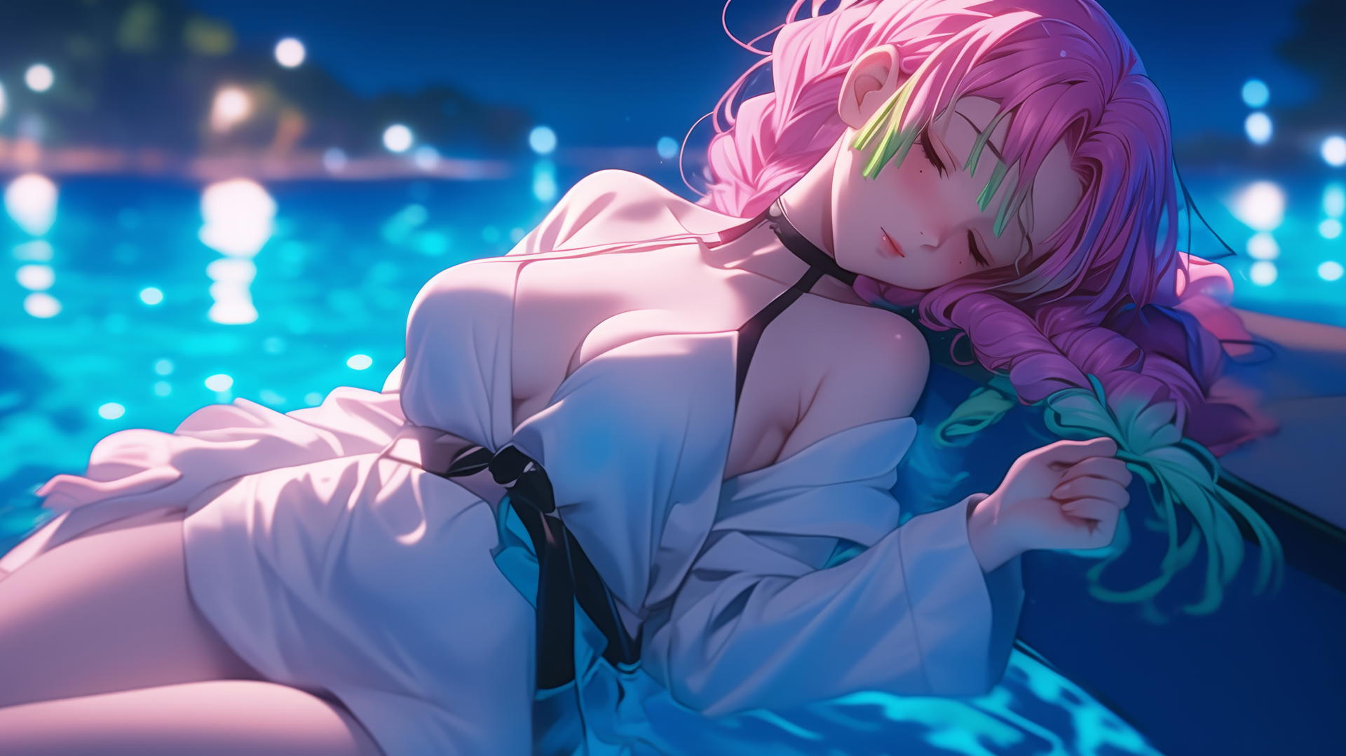 Mitsuri Kanroji from Demon Slayer resting by the rainy pool under moonlight