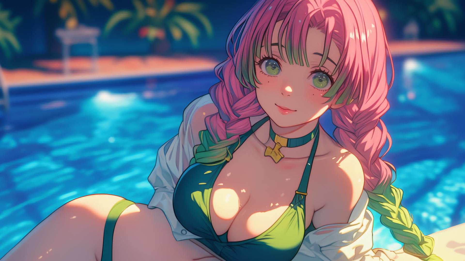 Mitsuri Kanroji resting by a rainy swimming pool at night with moonlight glow.