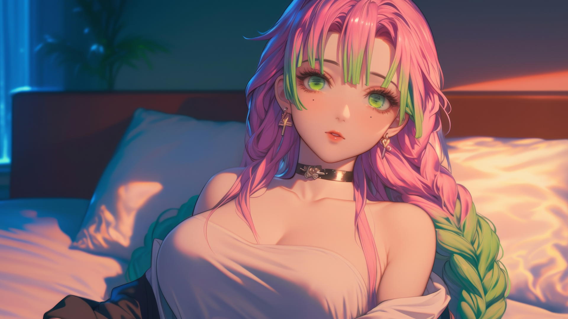 Mitsuri Kanroji resting in a modern hotel room, moonlight casting a glow.