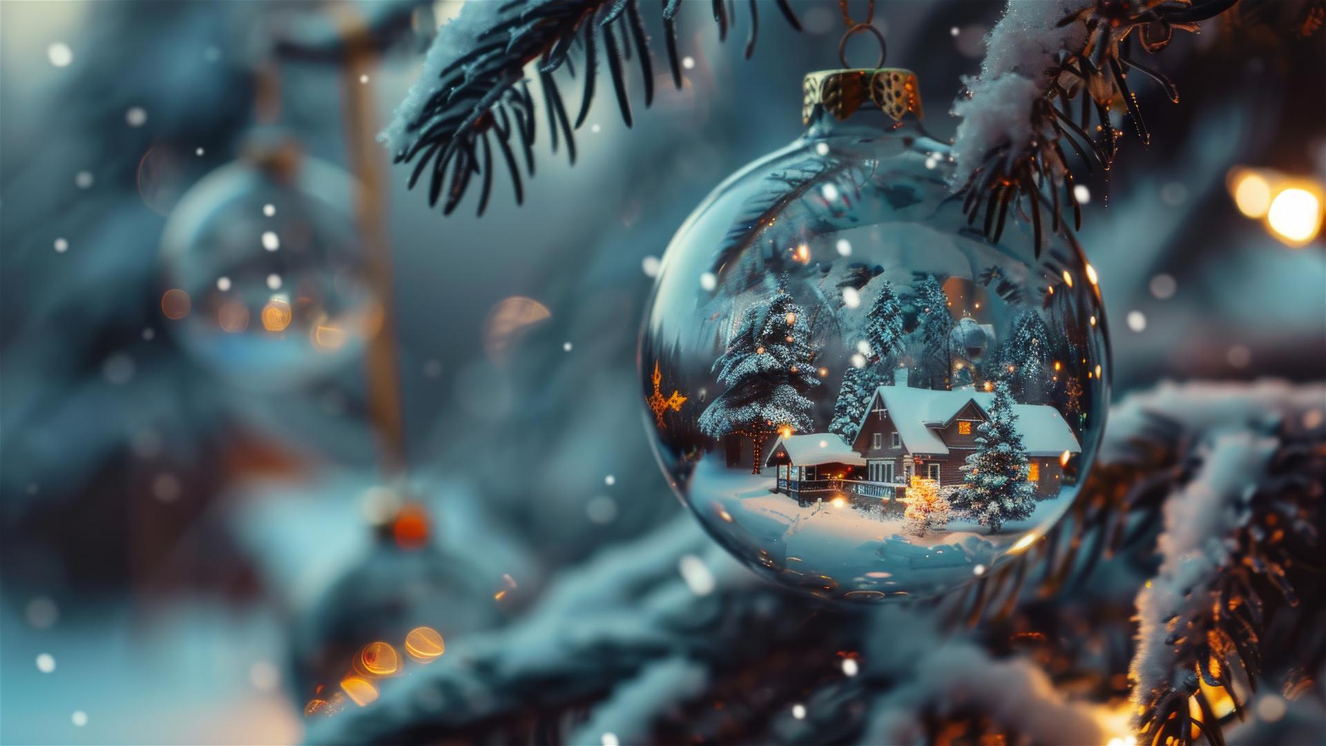 Glass Christmas balls with snow-covered villages and glowing houses hanging on a tree.