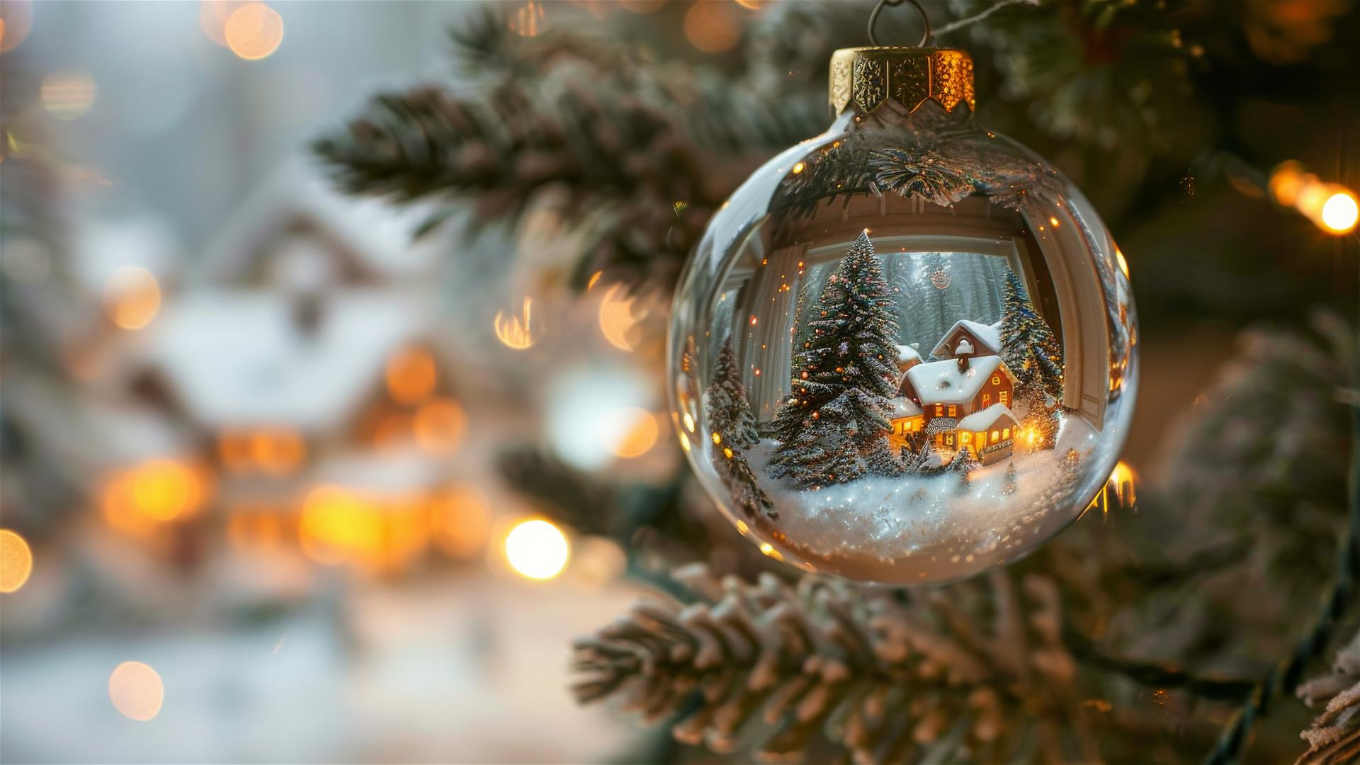 Glass Christmas balls with snow-covered villages hang on a Christmas tree.
