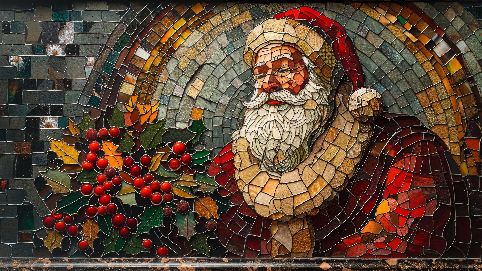 Santa Claus holding holly in vibrant stained glass style