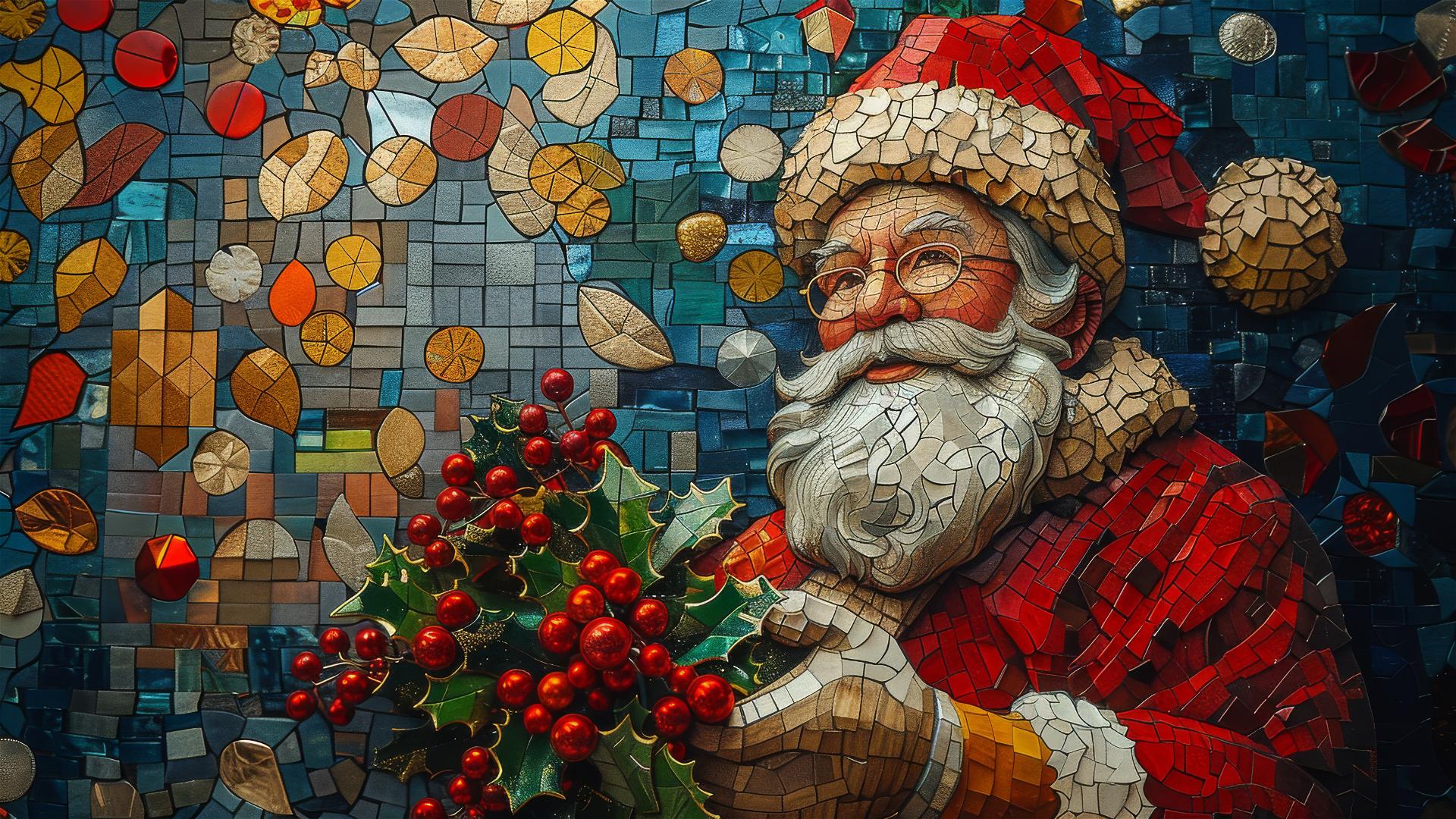 Santa Claus holding holly in front of styrofoam stained glass