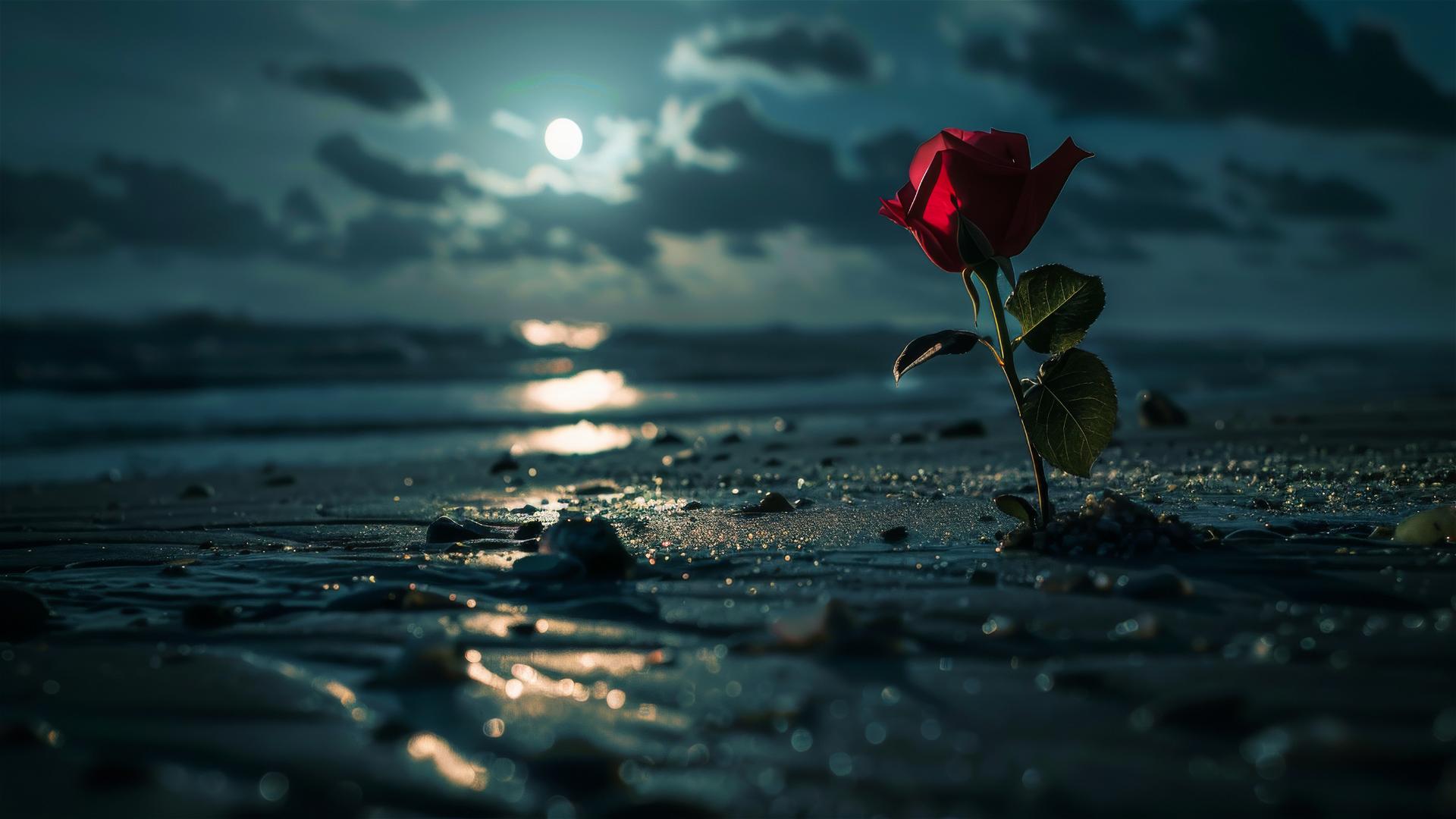 Rose flower on a black beach at night, perspective view