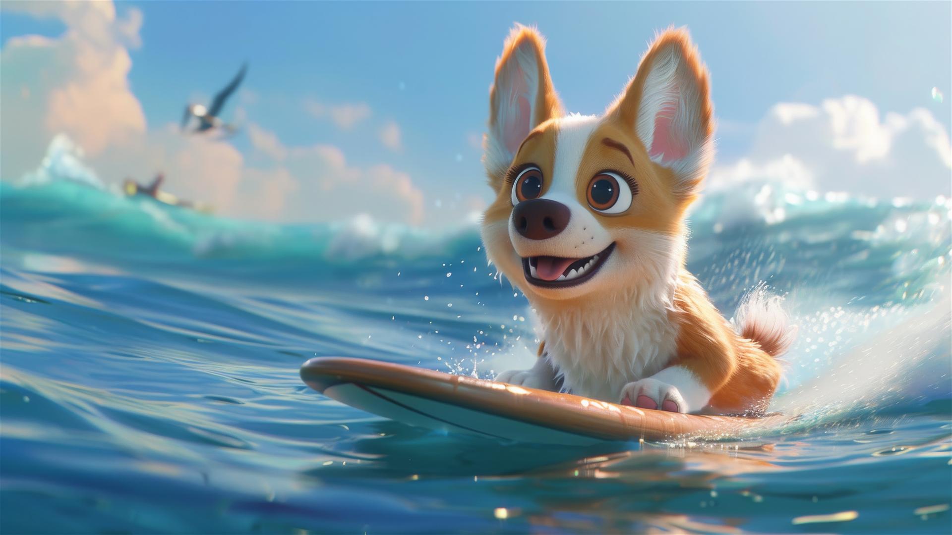 Animated corgi puppy surfing on the sea with a happy face