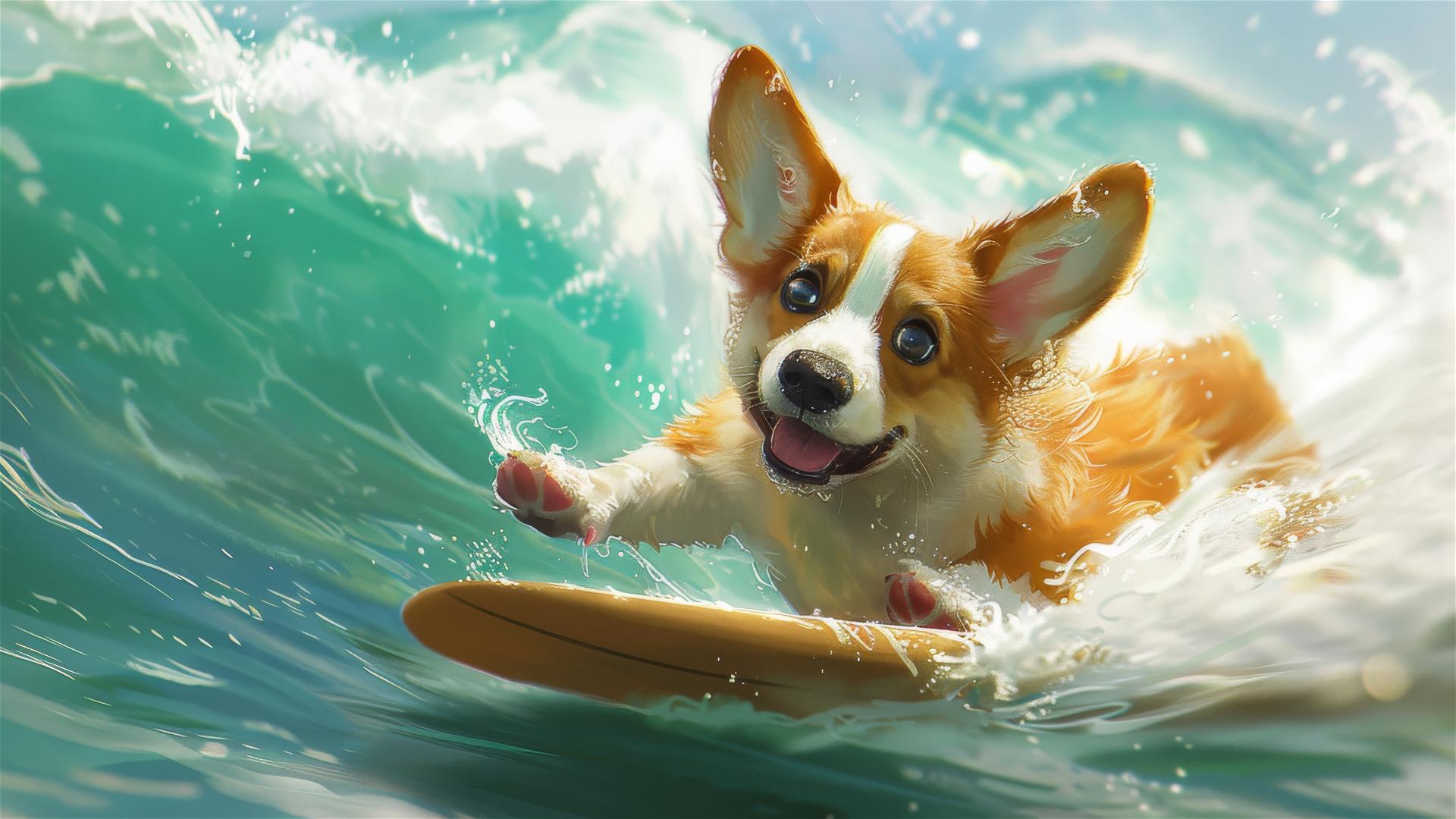 Cartoon-style corgi puppy surfing with big eyes