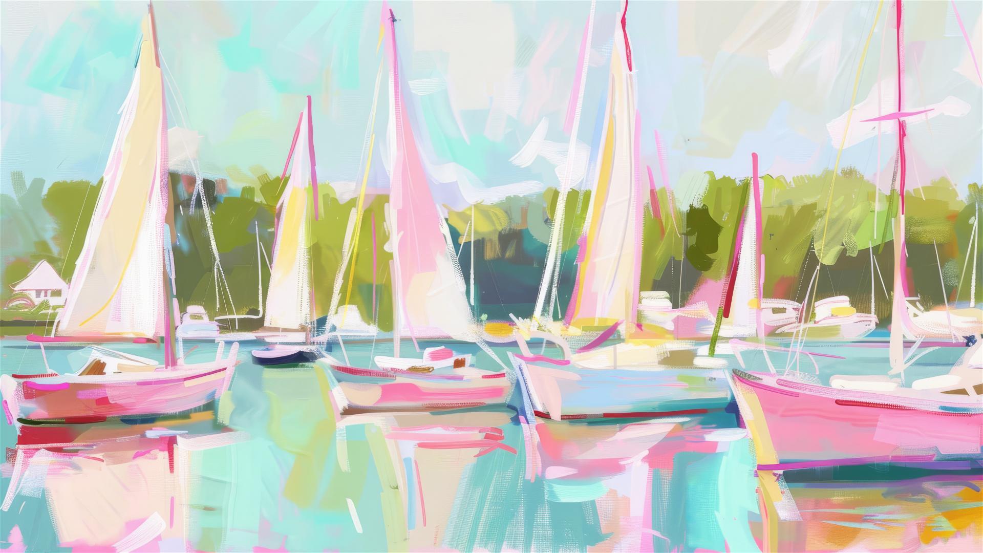 Pastel sailboats at marina, green trees, blue sky, flat style by Wona Lifsches