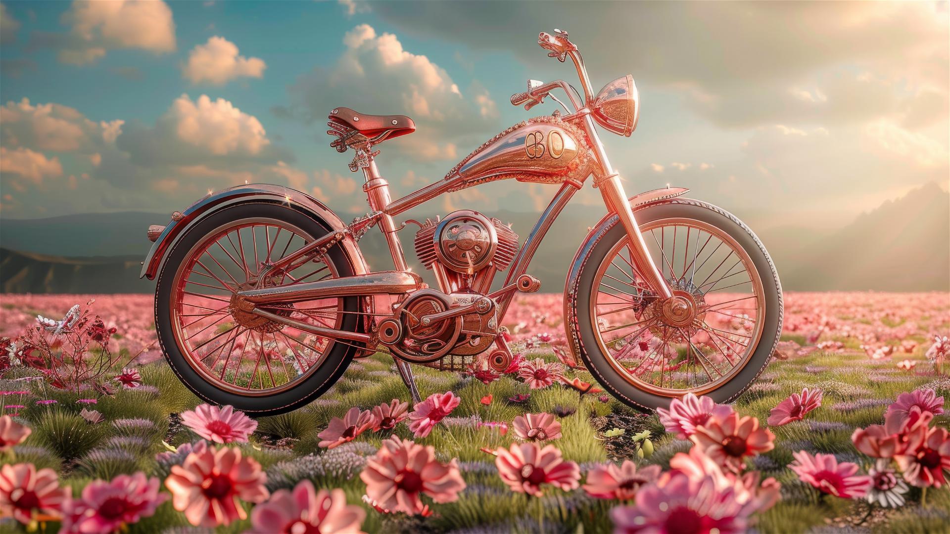 Bicycle in a meadow with red and pink flowers