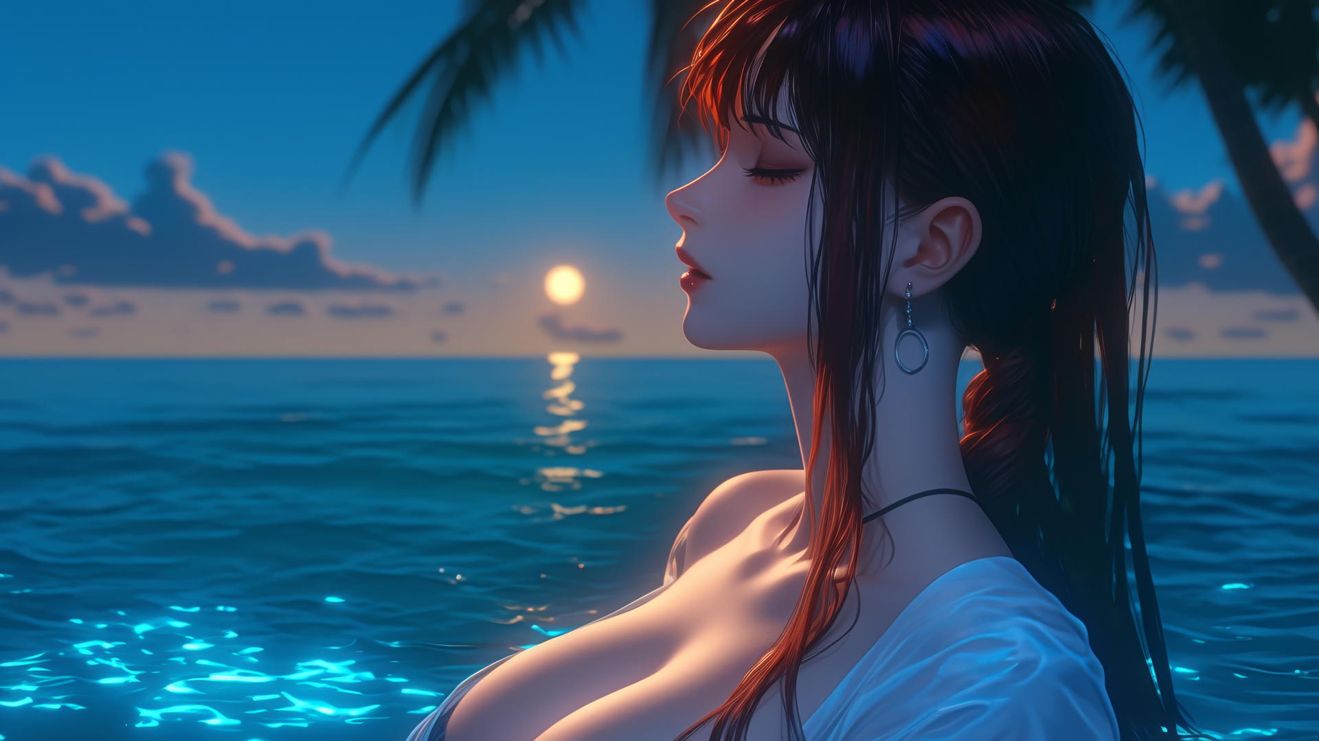 Makima from Chainsaw Man resting at sea at sunset with neon pink sky.