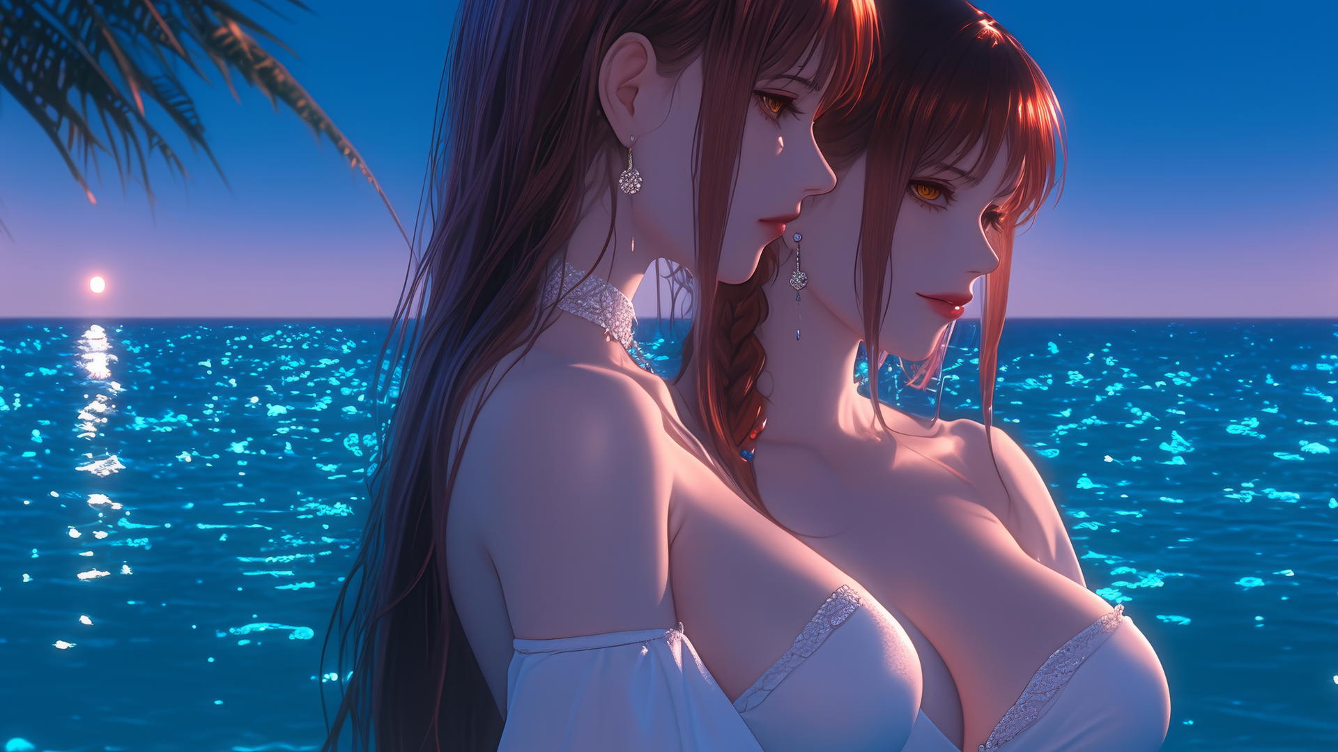 Makima from Chainsaw Man resting at sea during a romantic neon pink sunset