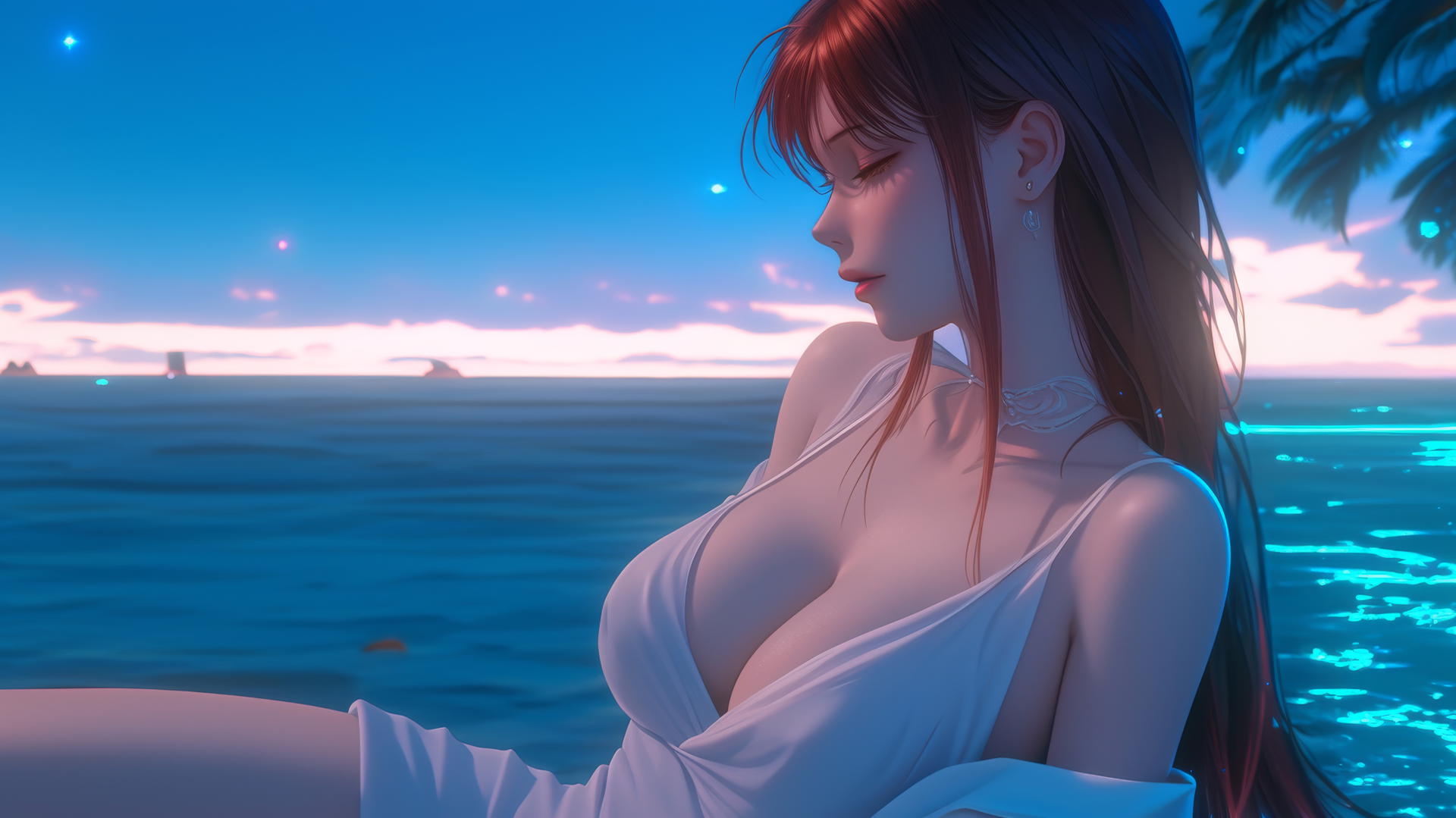 Makima from Chainsaw Man resting at sea at sunset with neon pink sky.