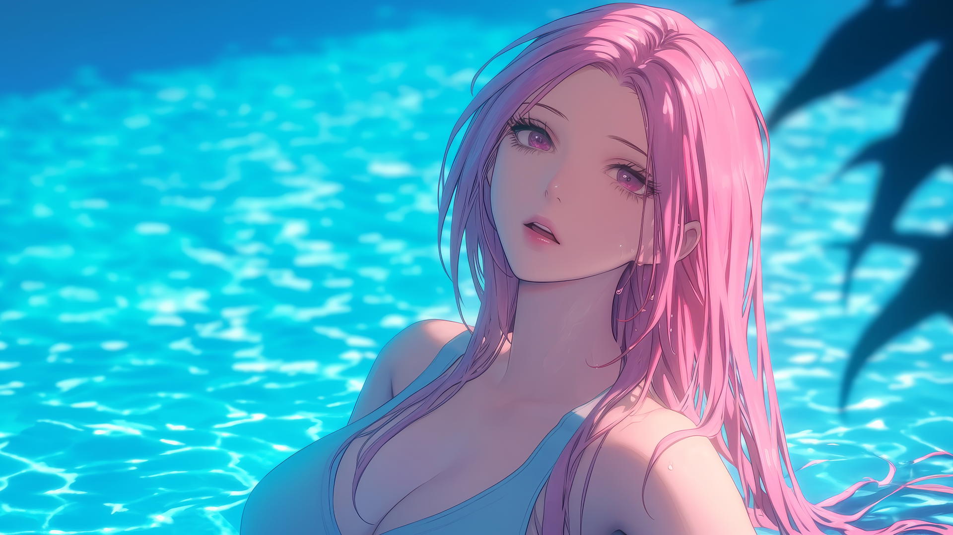 Satsuki Momoi from Kuroko no Basuke at a sunny swimming pool with bright pink hair and dark pink eyes.