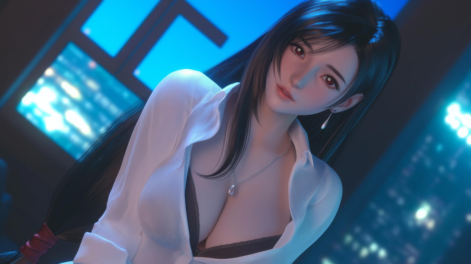 Tifa Lockhart kneeling, wearing white shirt in neon-lit modern hotel room, seen from below.