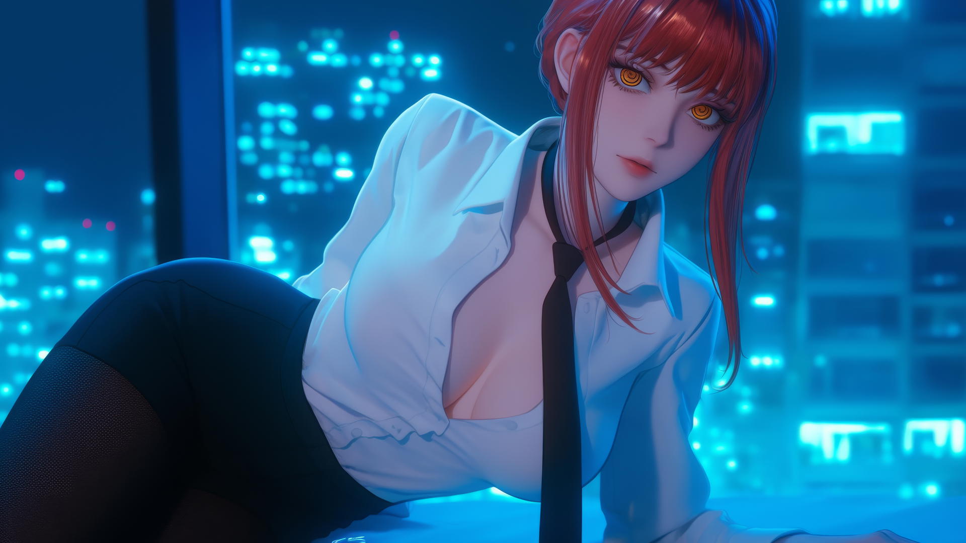 Makima from Chainsaw Man, kneeling and looking down in neon-lit hotel room.