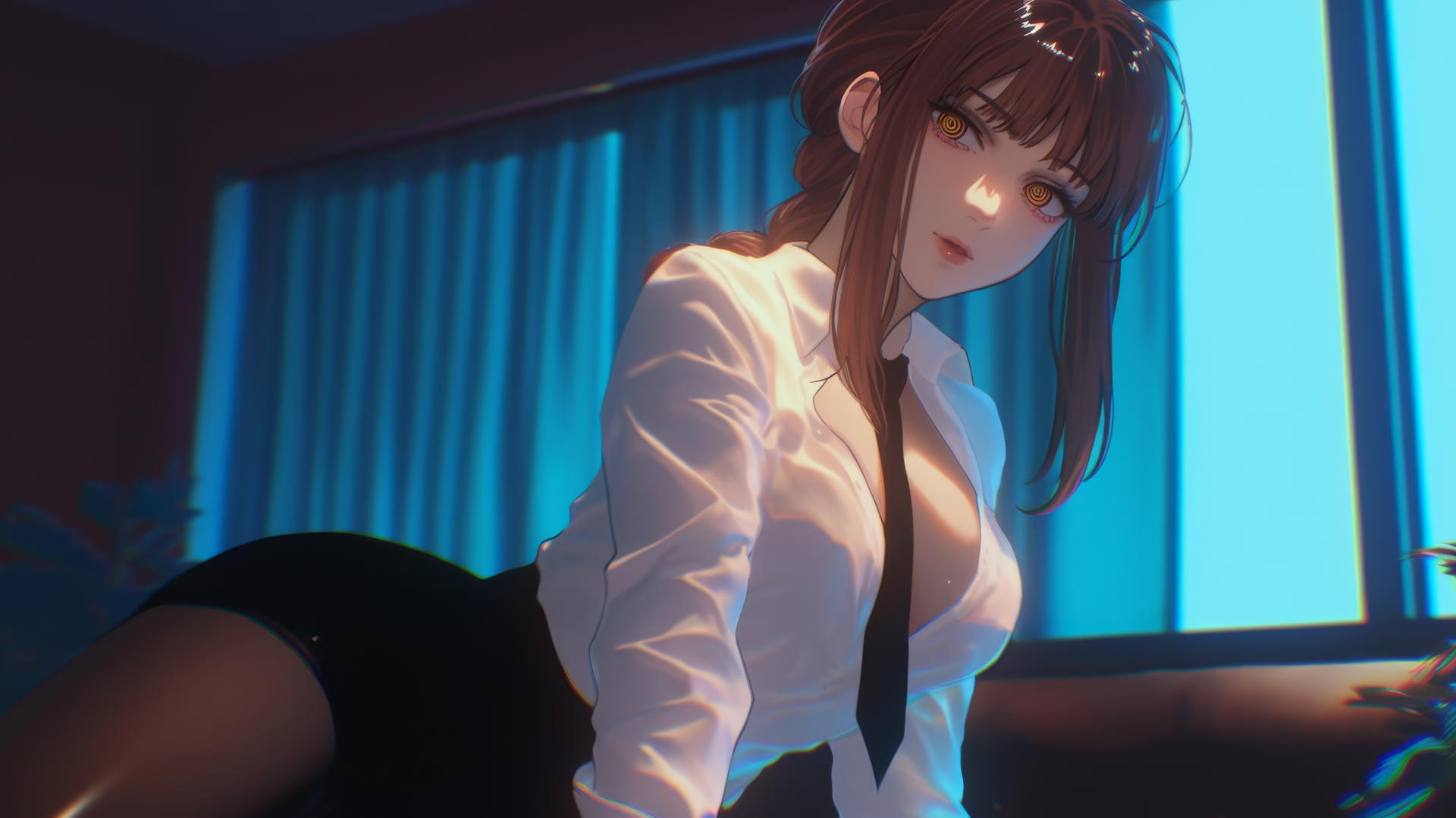 Makima from Chainsaw Man kneeling and looking up in neon-lit hotel room