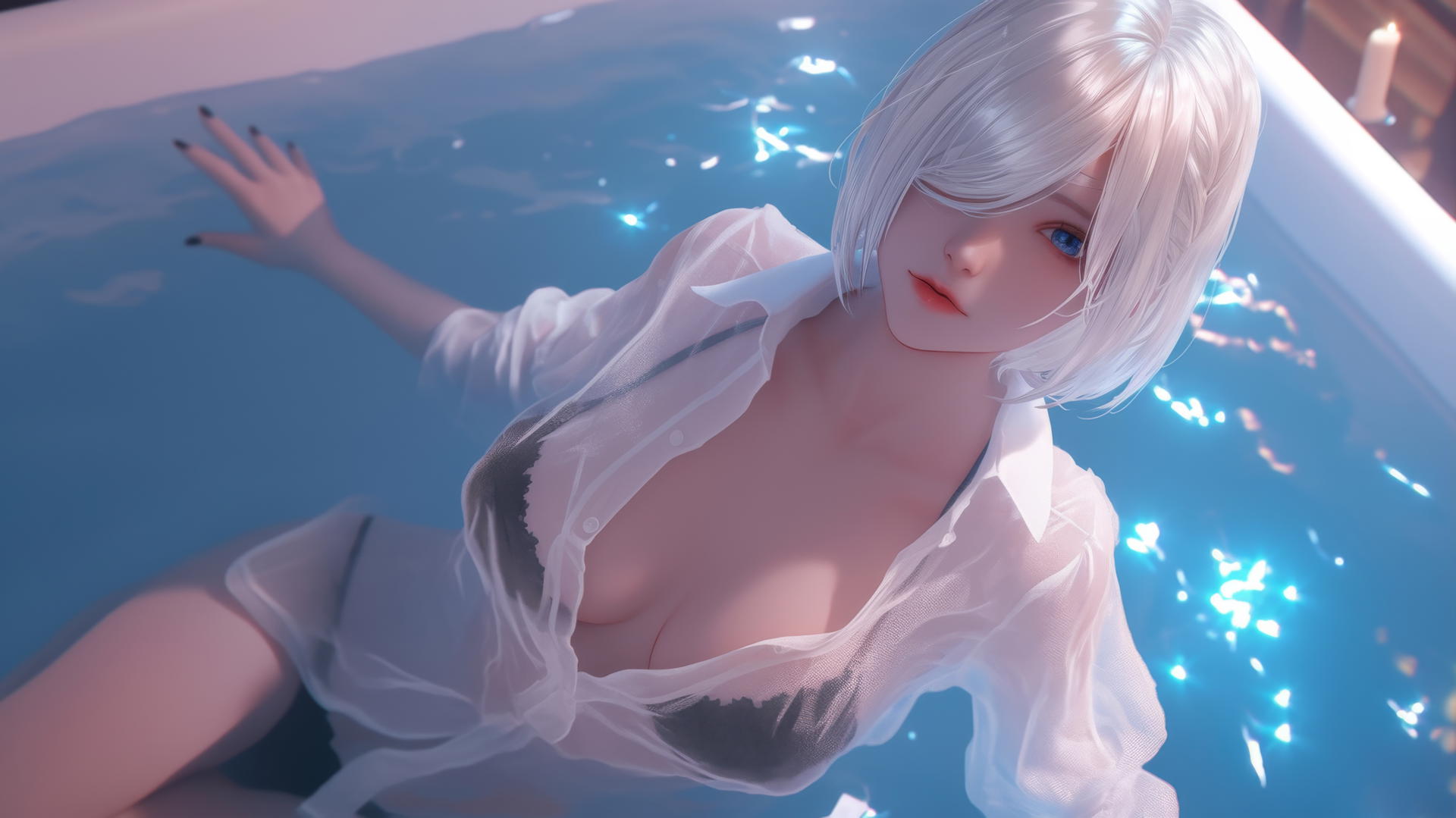 2B from Nier in white office shirt, blindfolded, looking up, neon-lit hotel room