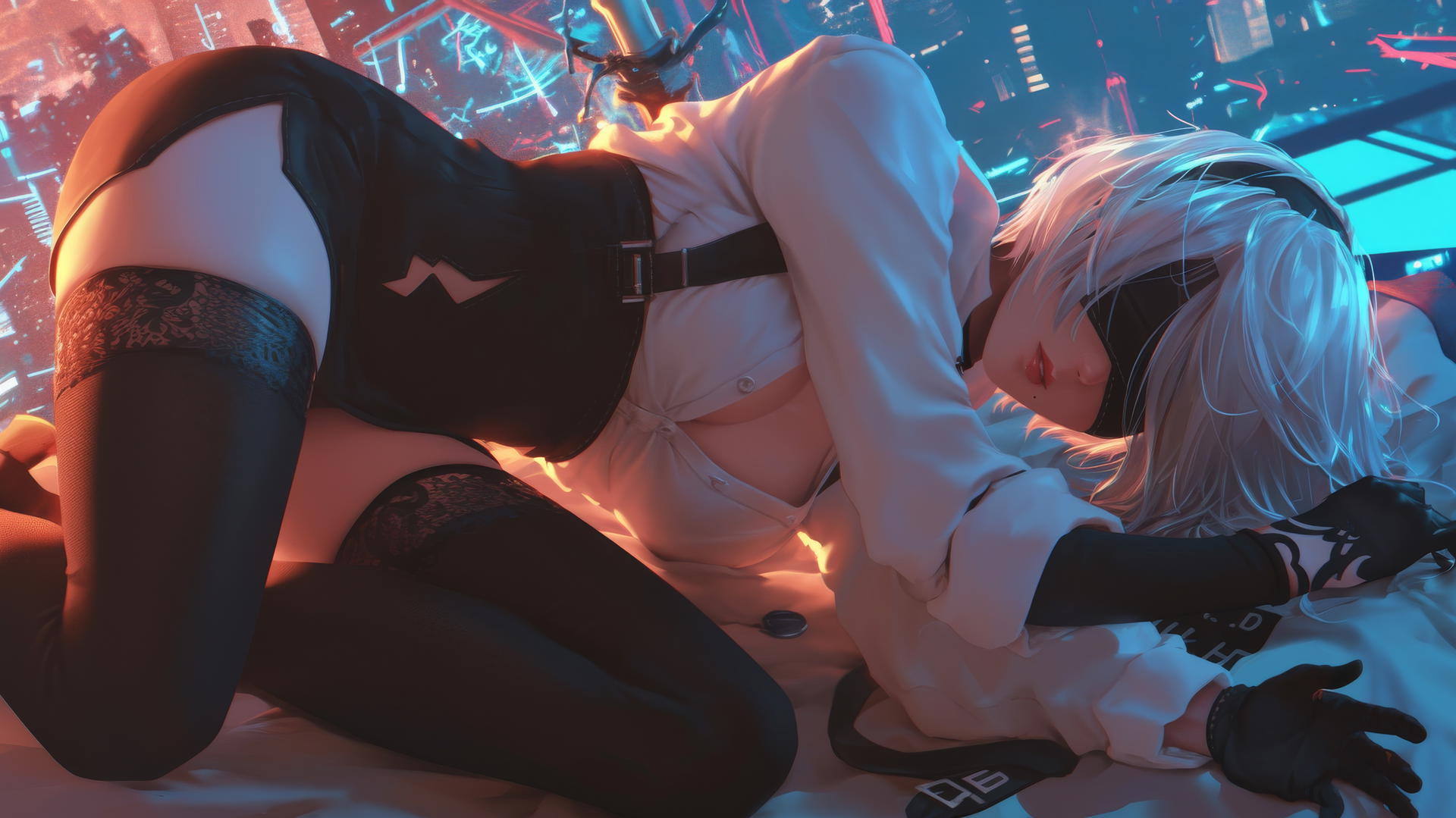 2B from Nier kneeling, wearing a white office shirt and black blindfold, neon-lit.