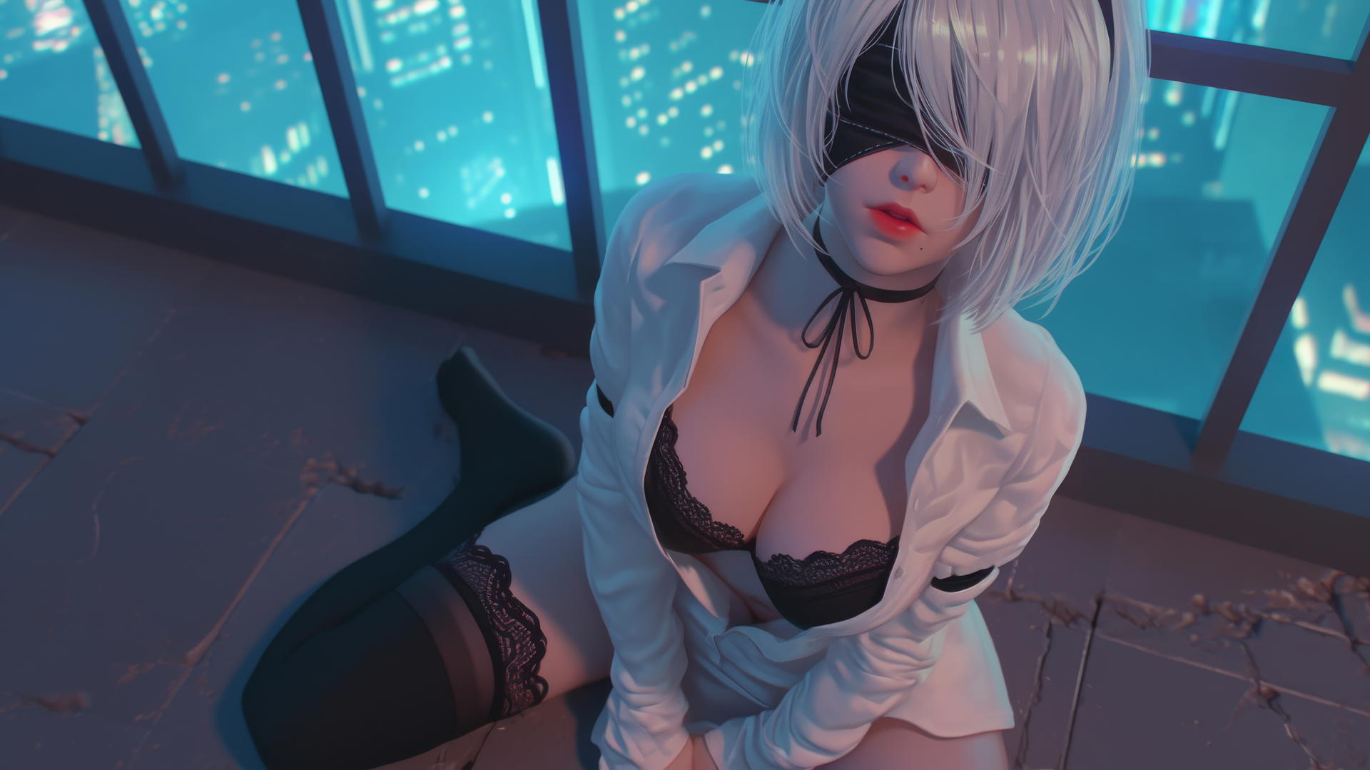2B from Nier kneeling, wearing white office shirt, black blindfold, neon-lit.