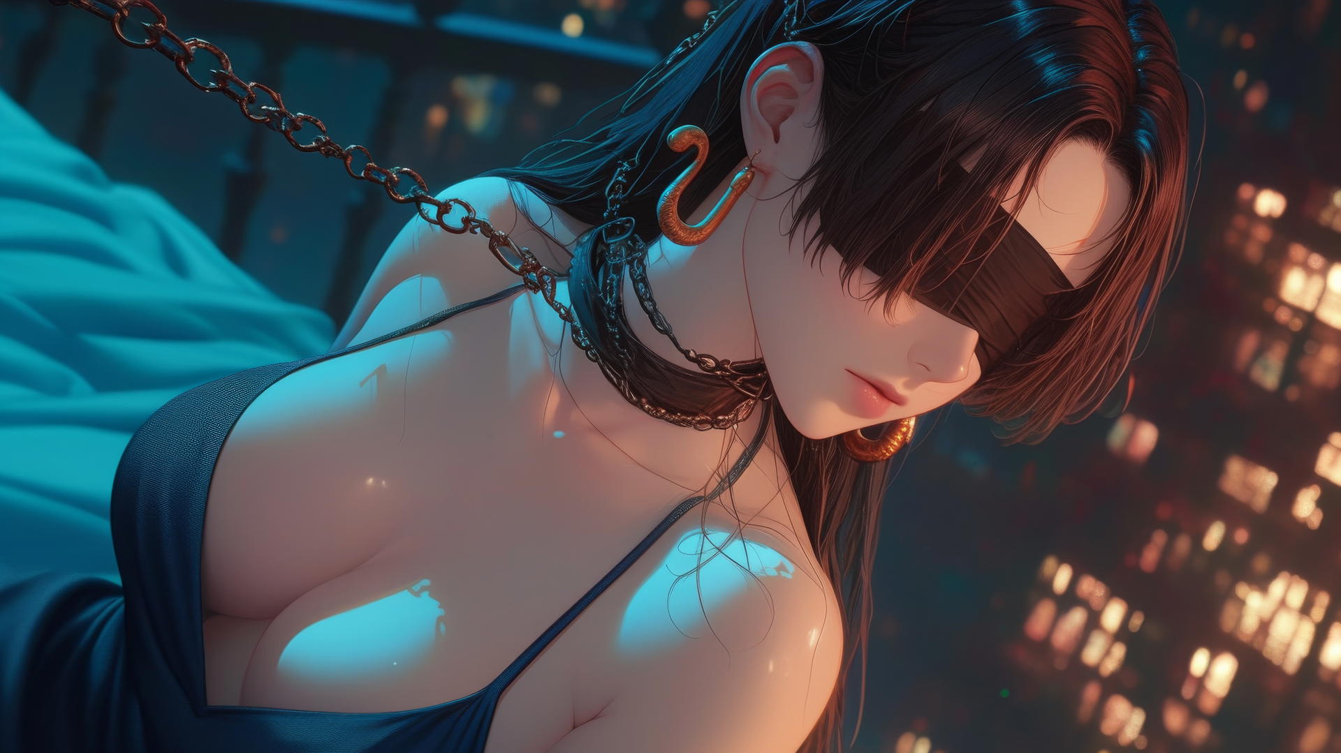 Boa Hancock kneeling with blindfold in neon-lit modern hotel room.
