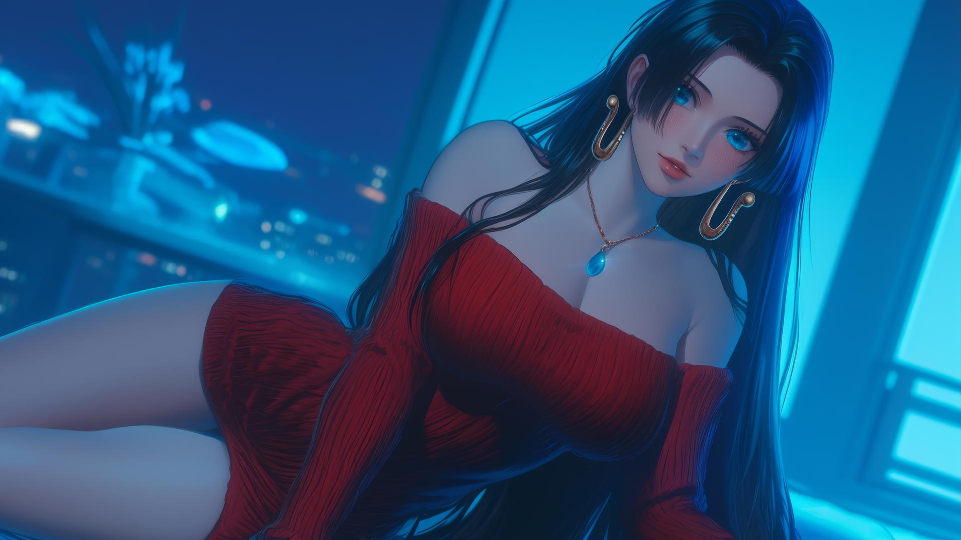 Boa Hancock from One Piece kneeling, illuminated by neon hotel light.